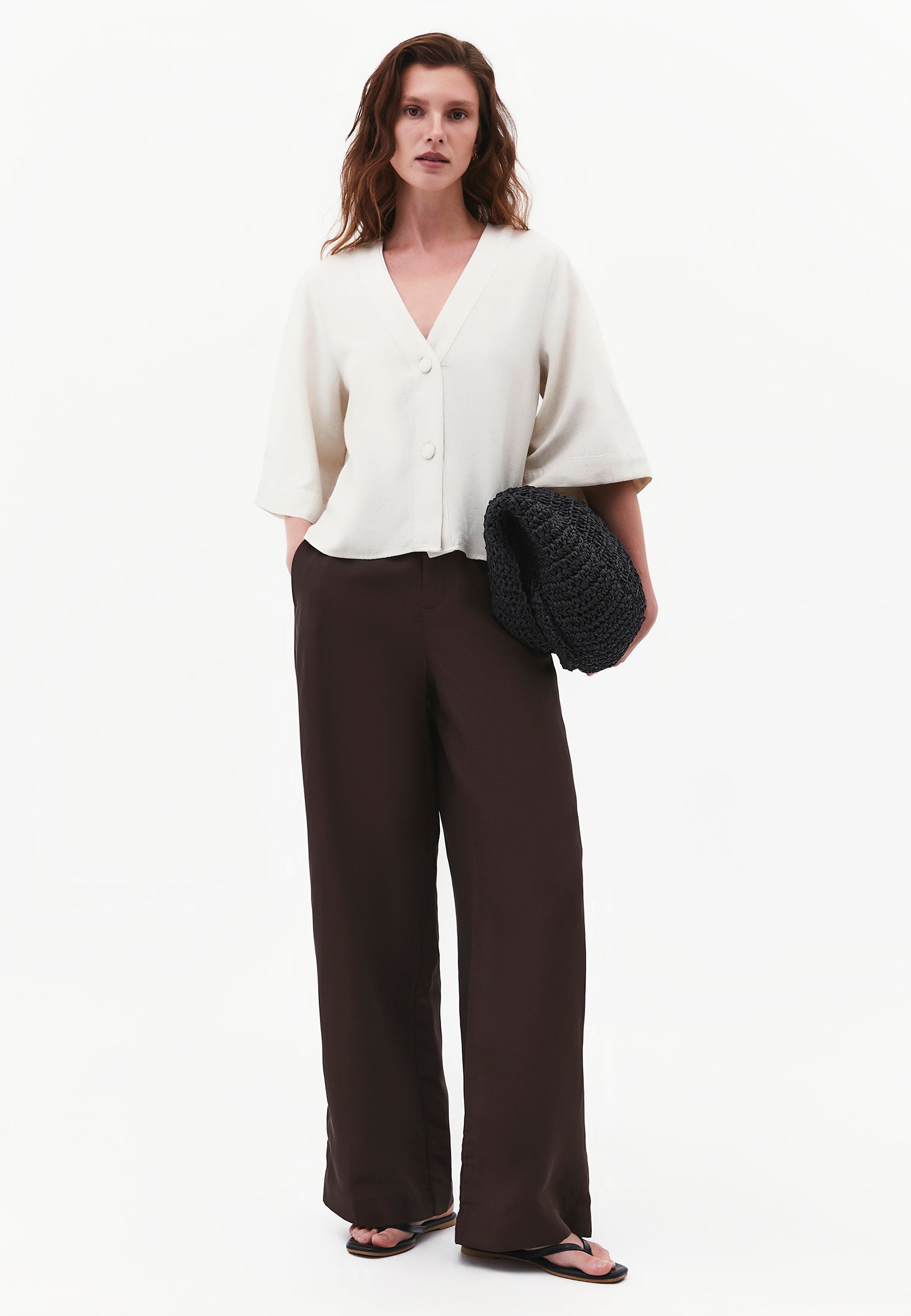 Button Detailed Half Sleeve V Neck Blouse - NATURAL