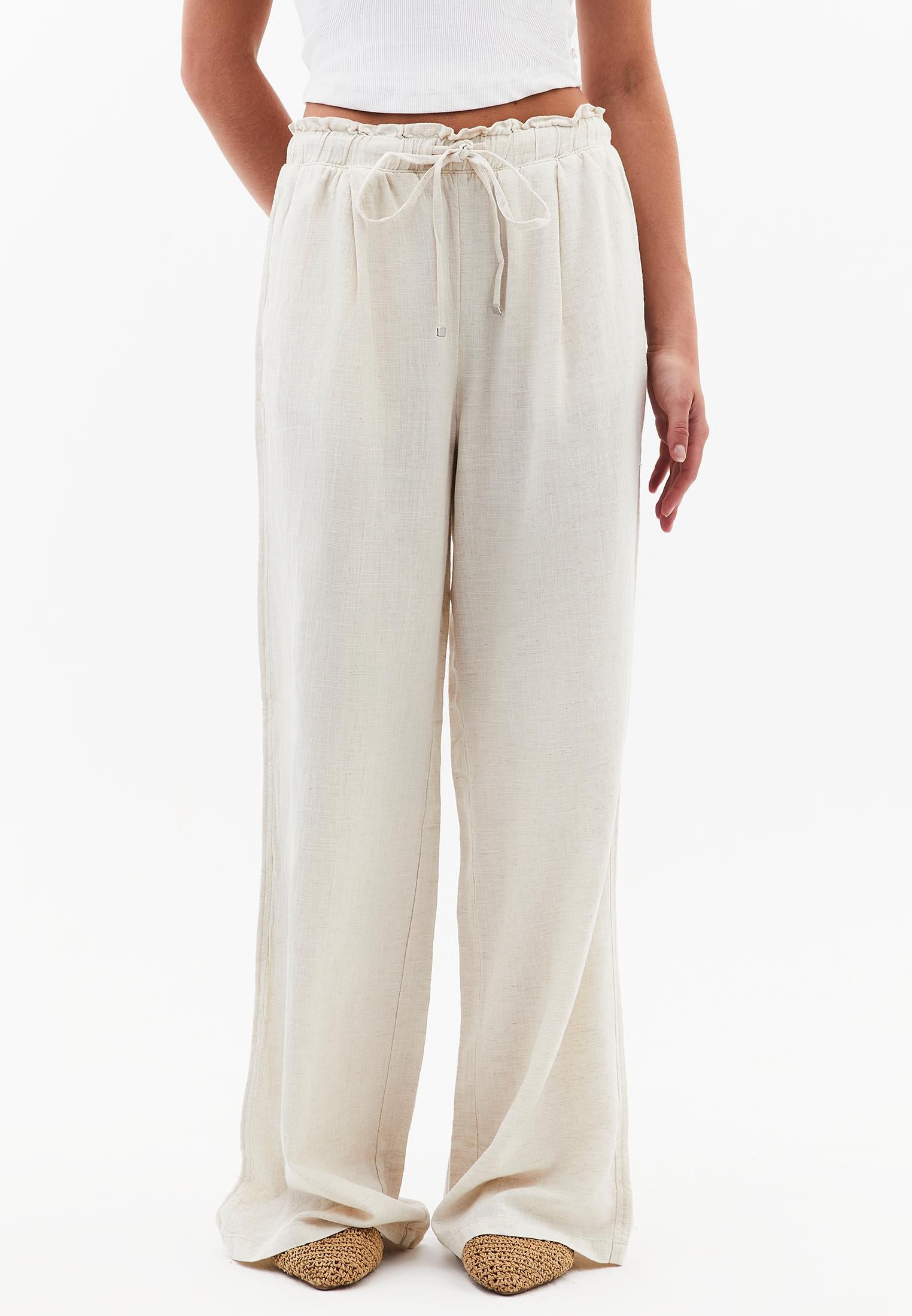 Wide Leg High Waist Pants - NATURAL