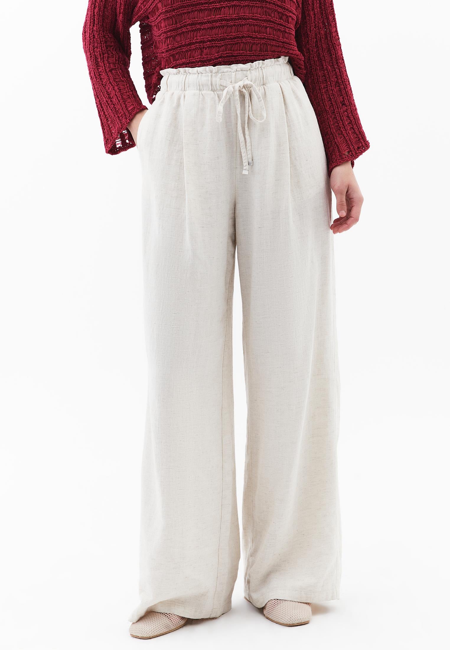 High Waist Wide Leg Pants - NATURAL