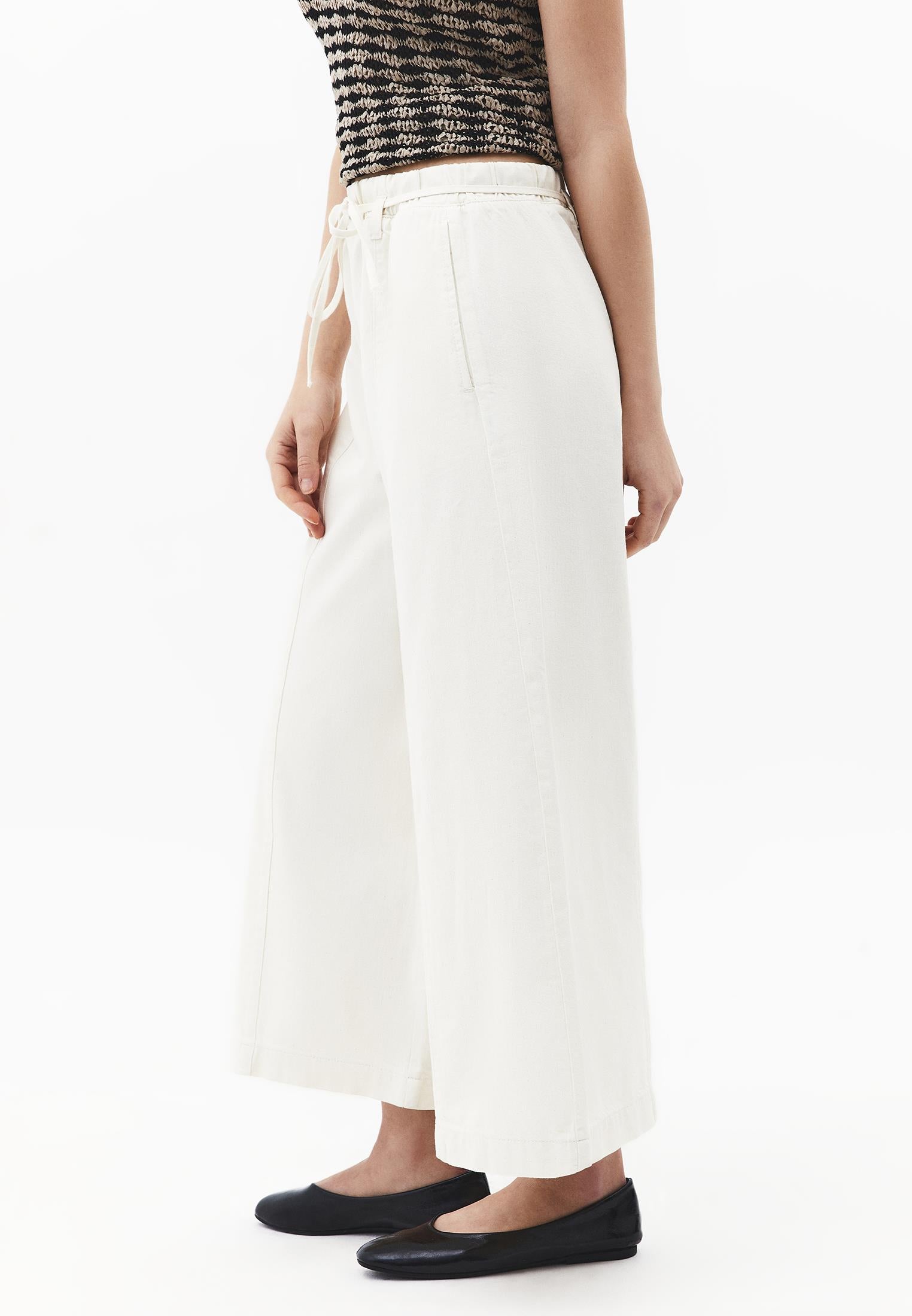 High Waist Elasticated Cropped Culotte Pants - NATURAL