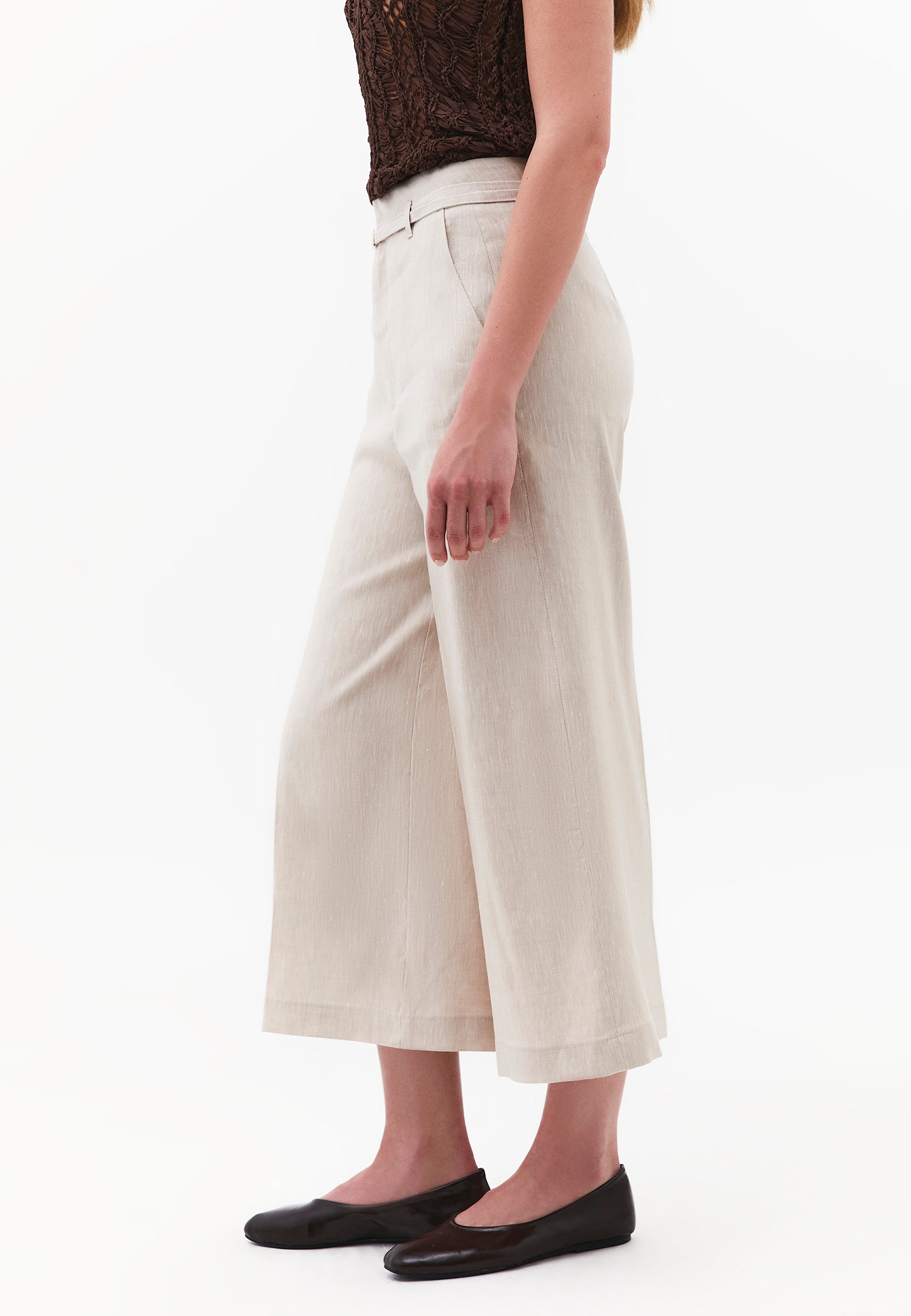 High Waist Wide Leg Belted Pants - NATURAL