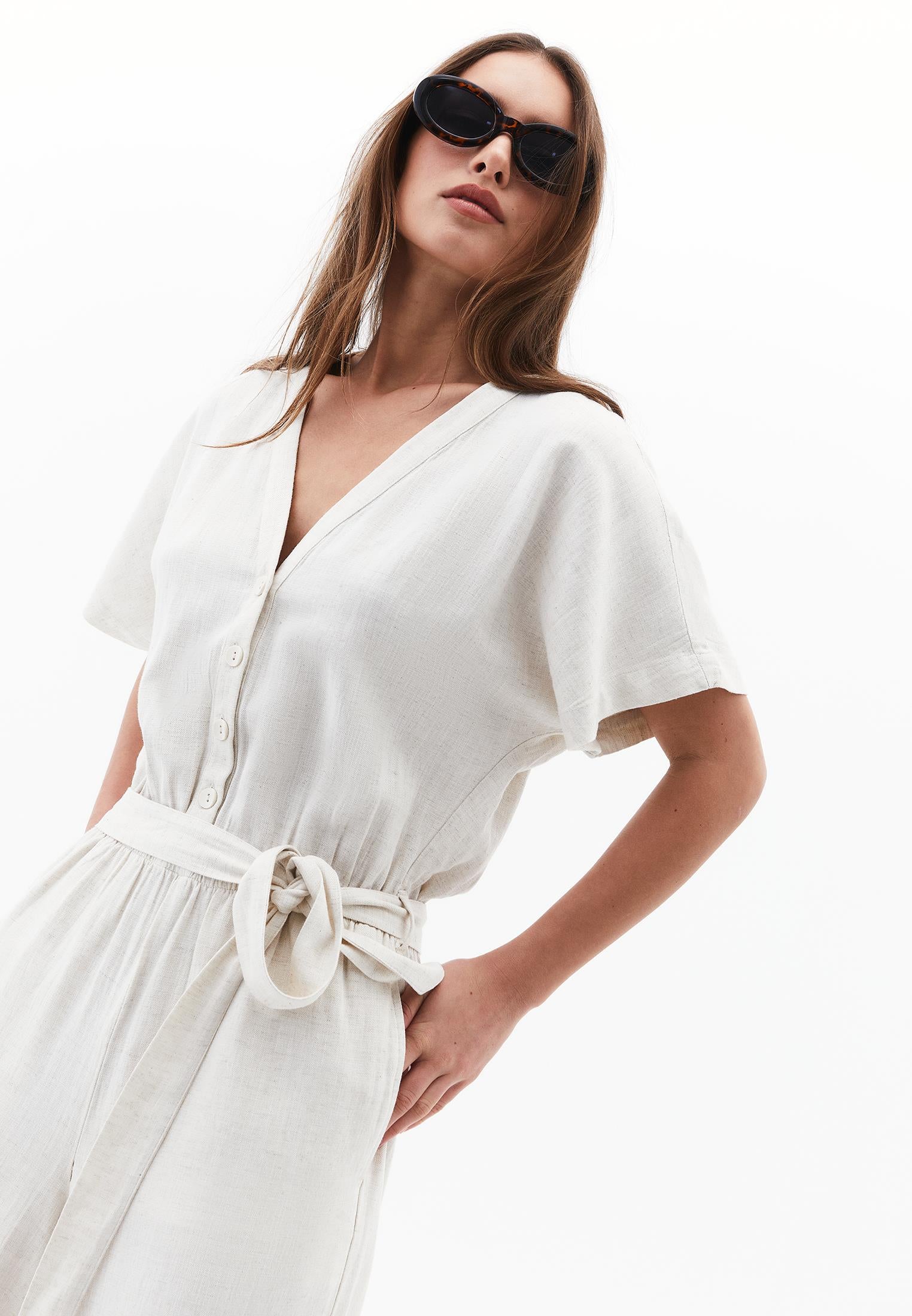 Belted V Neck Wide Leg Jumpsuit - NATURAL