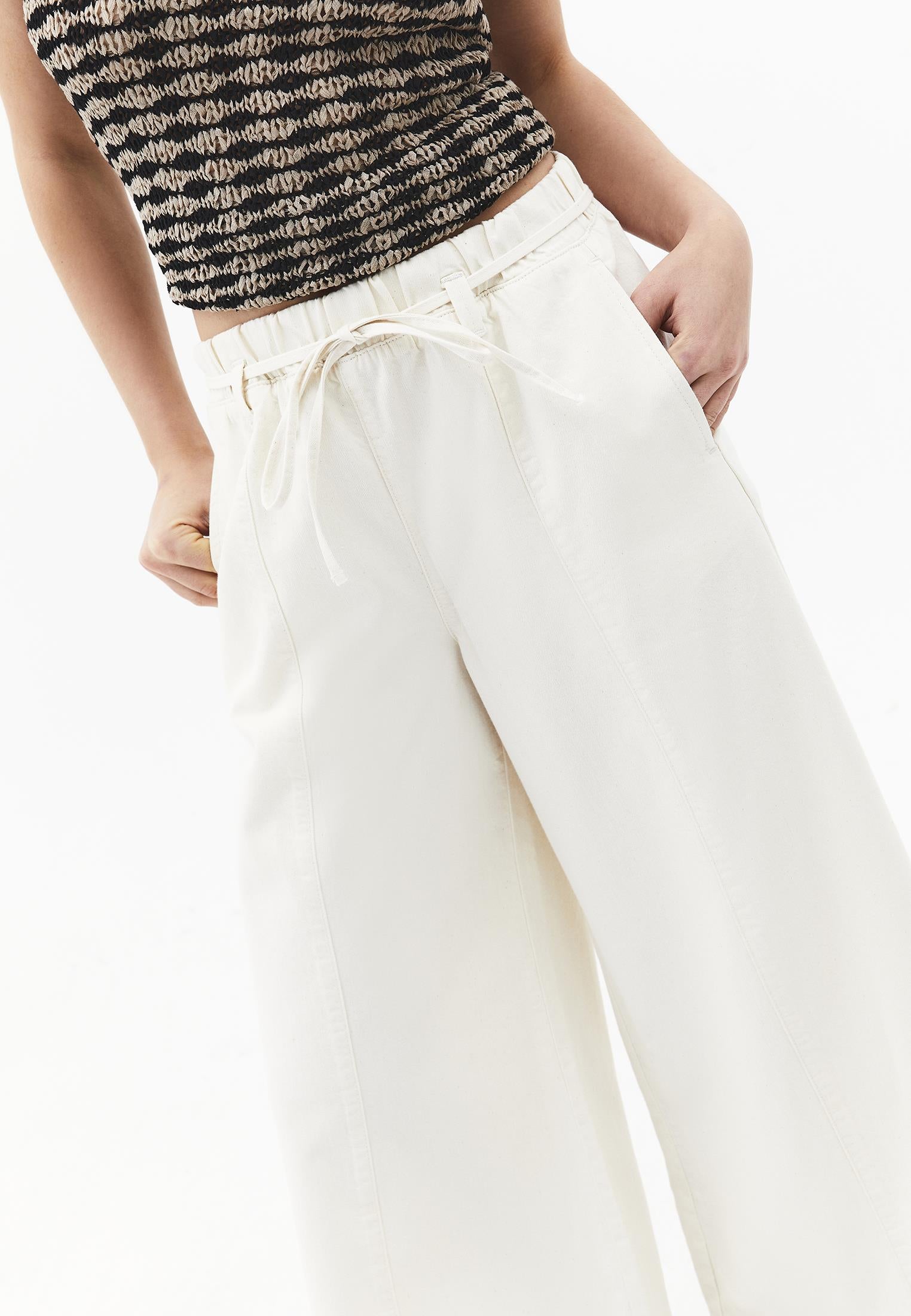 High Waist Elasticated Cropped Culotte Pants - NATURAL