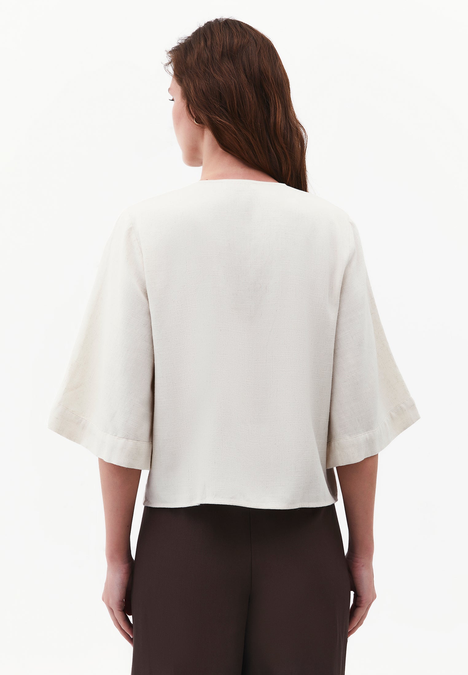 Button Detailed Half Sleeve V Neck Blouse - NATURAL