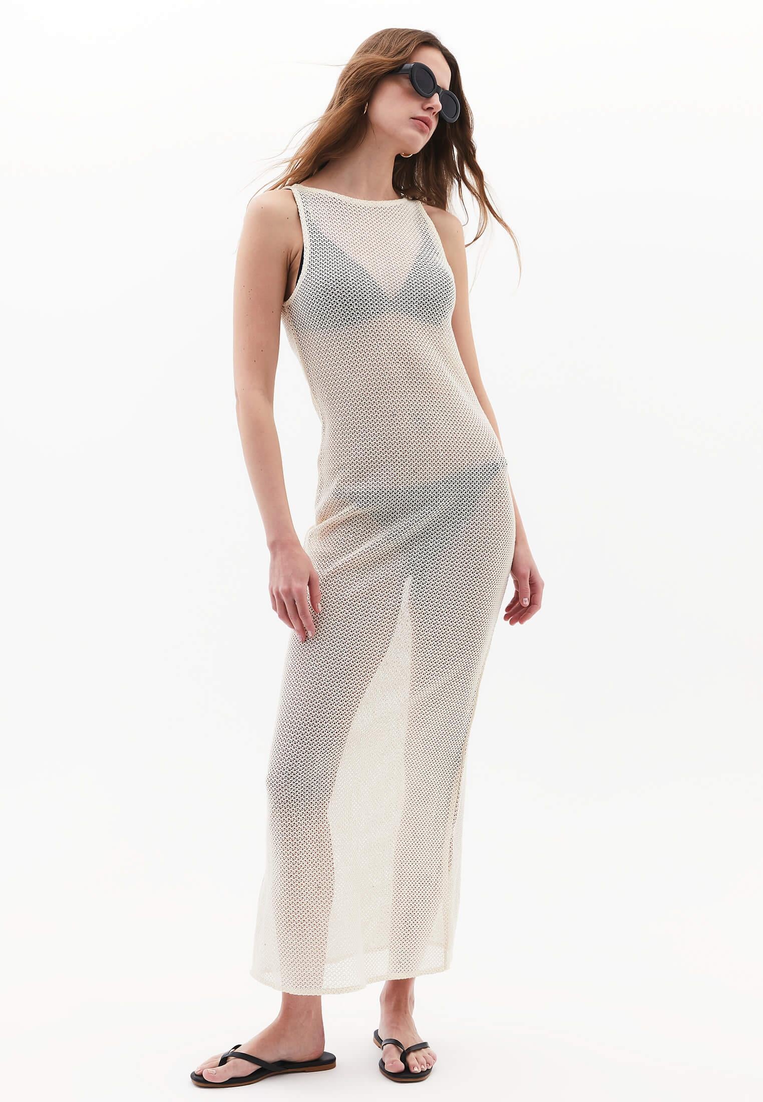 Long A-Line Dress With Boat Neckline - NATURAL