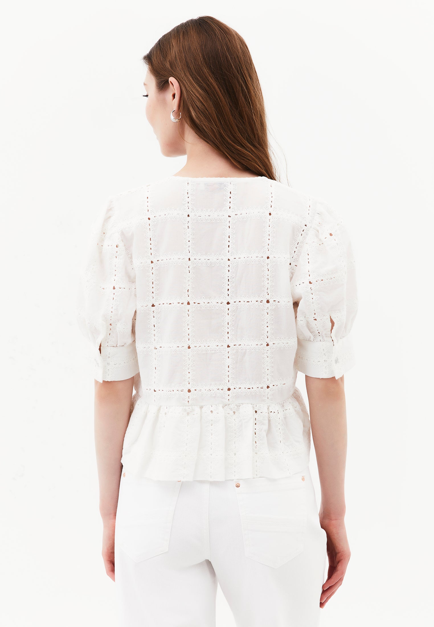 Sleeveless V-Neck Blouse with Embroidery and Ruffle Details - NATURAL