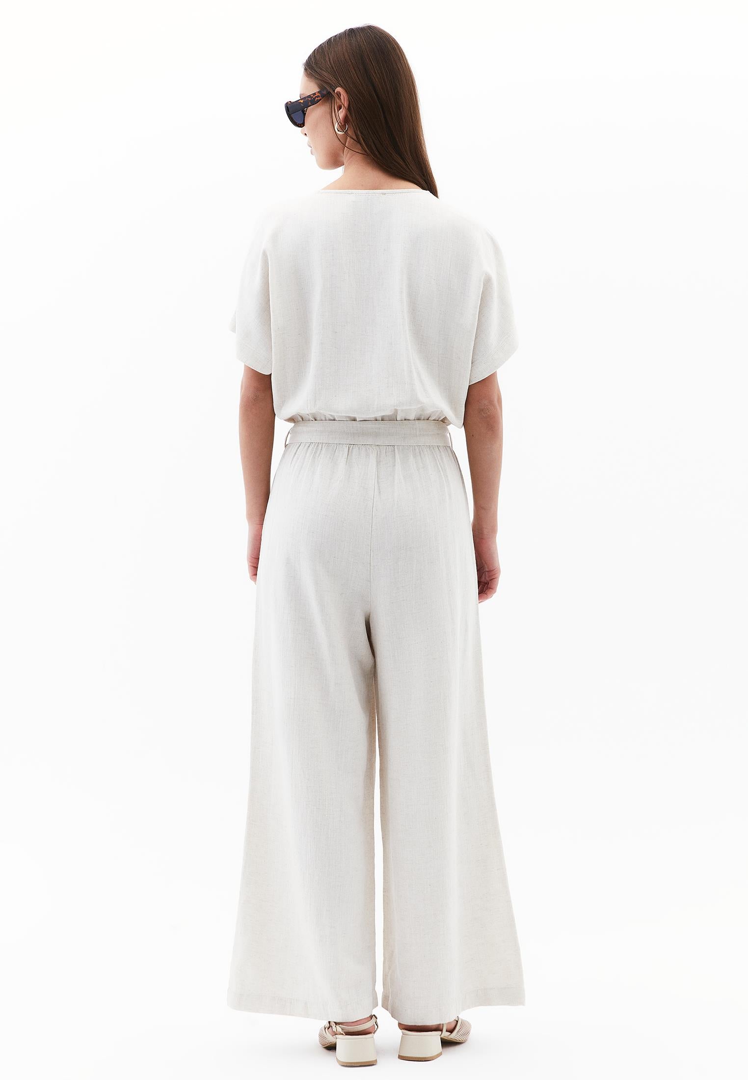 Belted V Neck Wide Leg Jumpsuit - NATURAL
