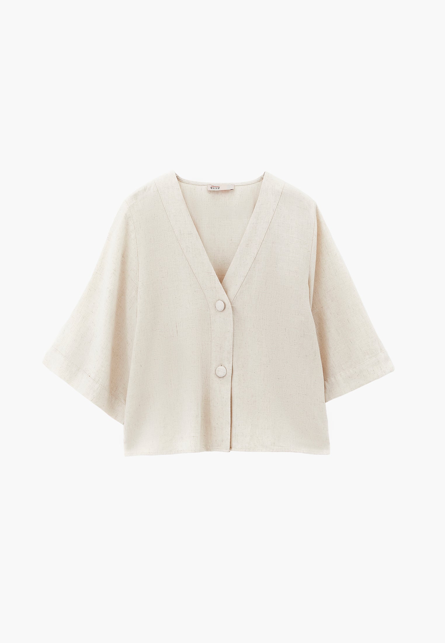 Button Detailed Half Sleeve V Neck Blouse - NATURAL