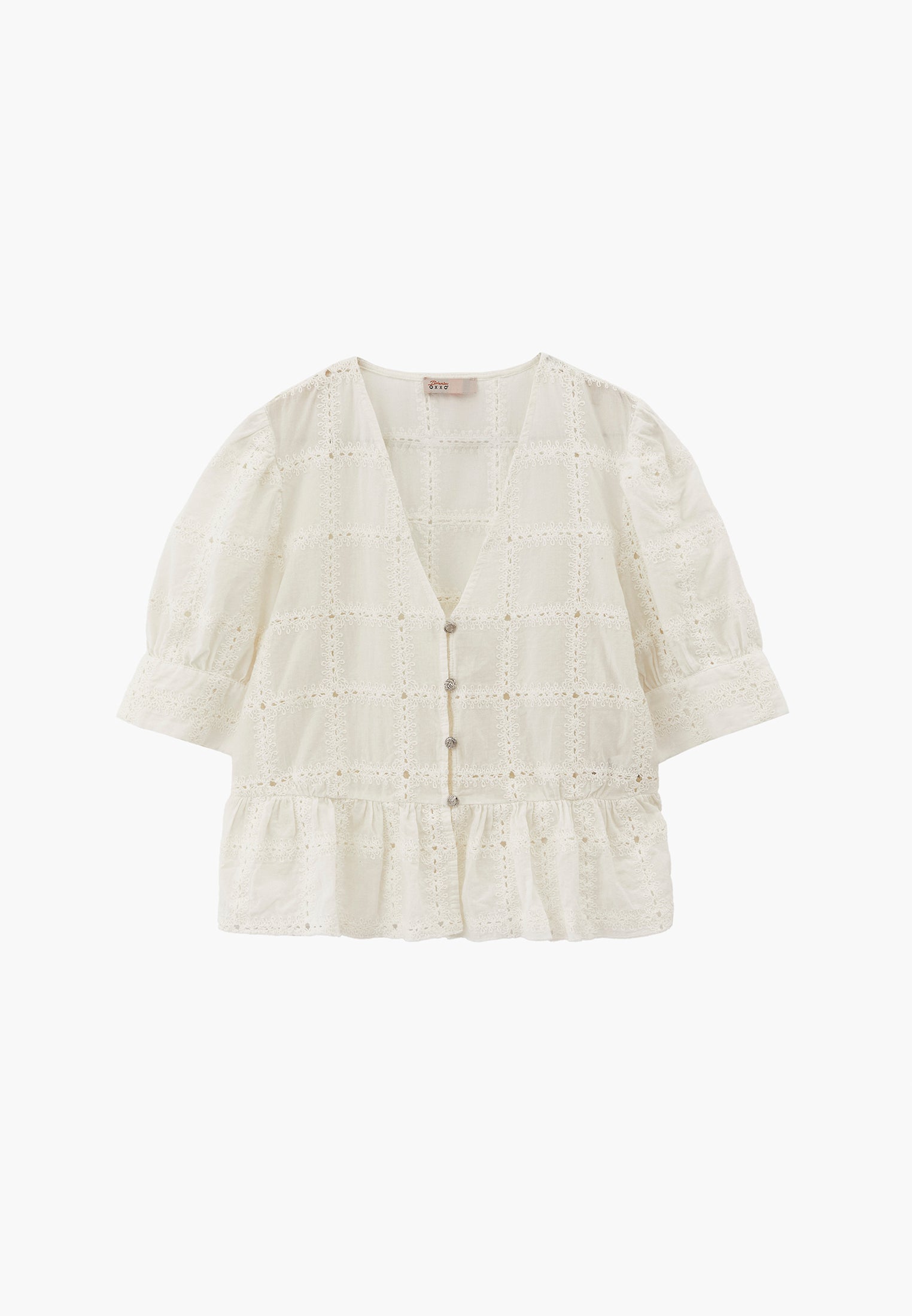 Sleeveless V-Neck Blouse with Embroidery and Ruffle Details - NATURAL