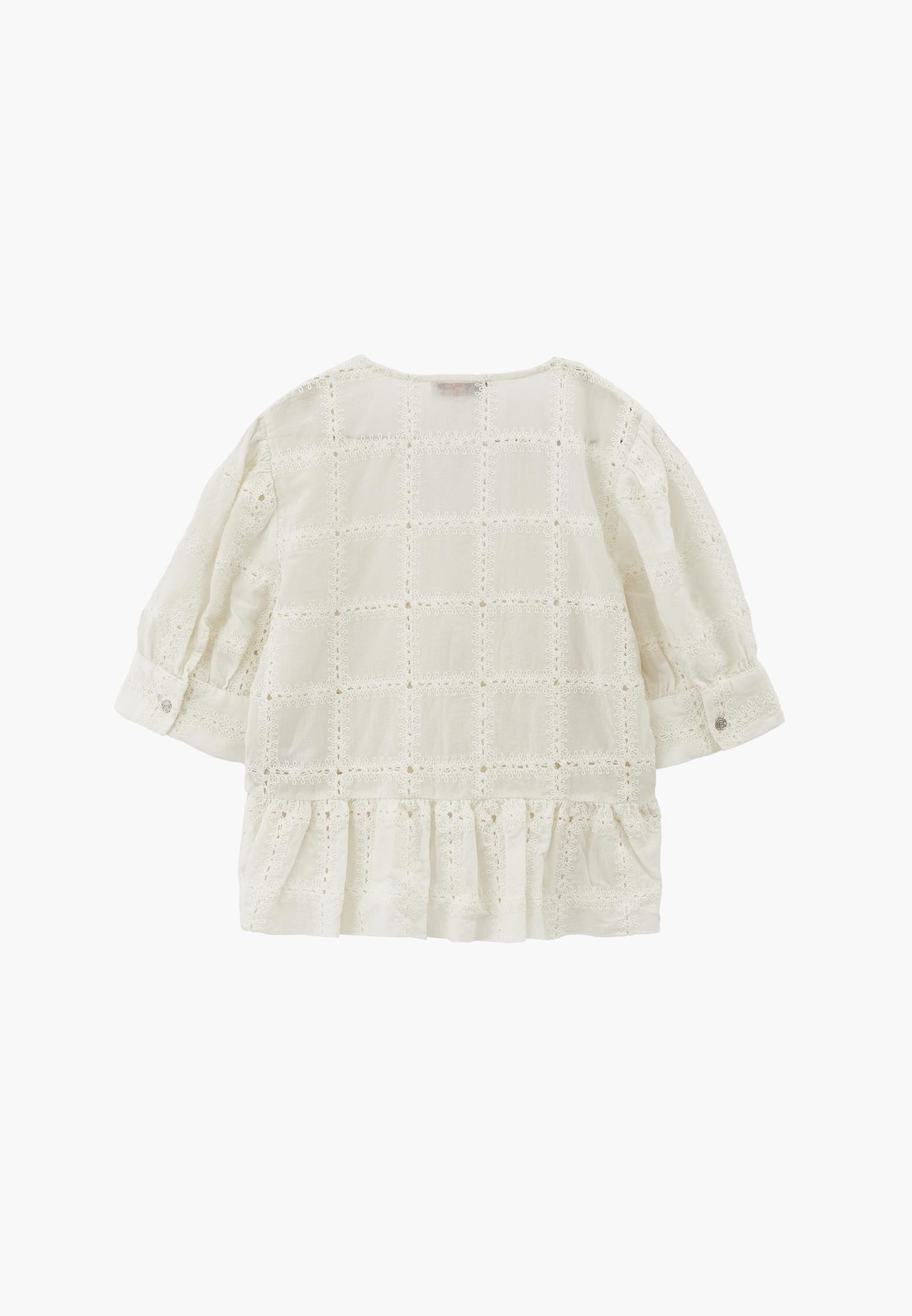 Sleeveless V-Neck Blouse with Embroidery and Ruffle Details - NATURAL