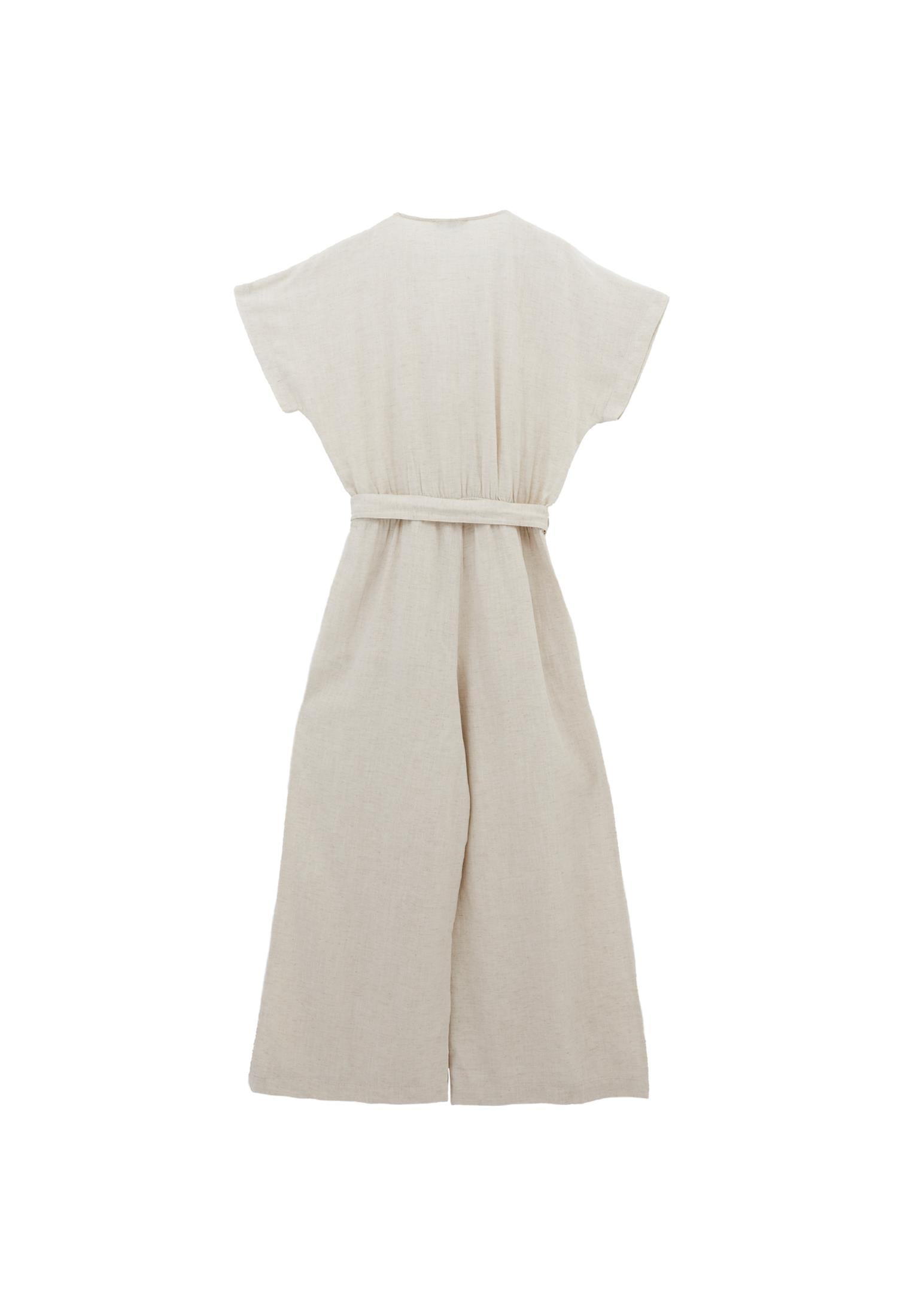 Belted V Neck Wide Leg Jumpsuit - NATURAL