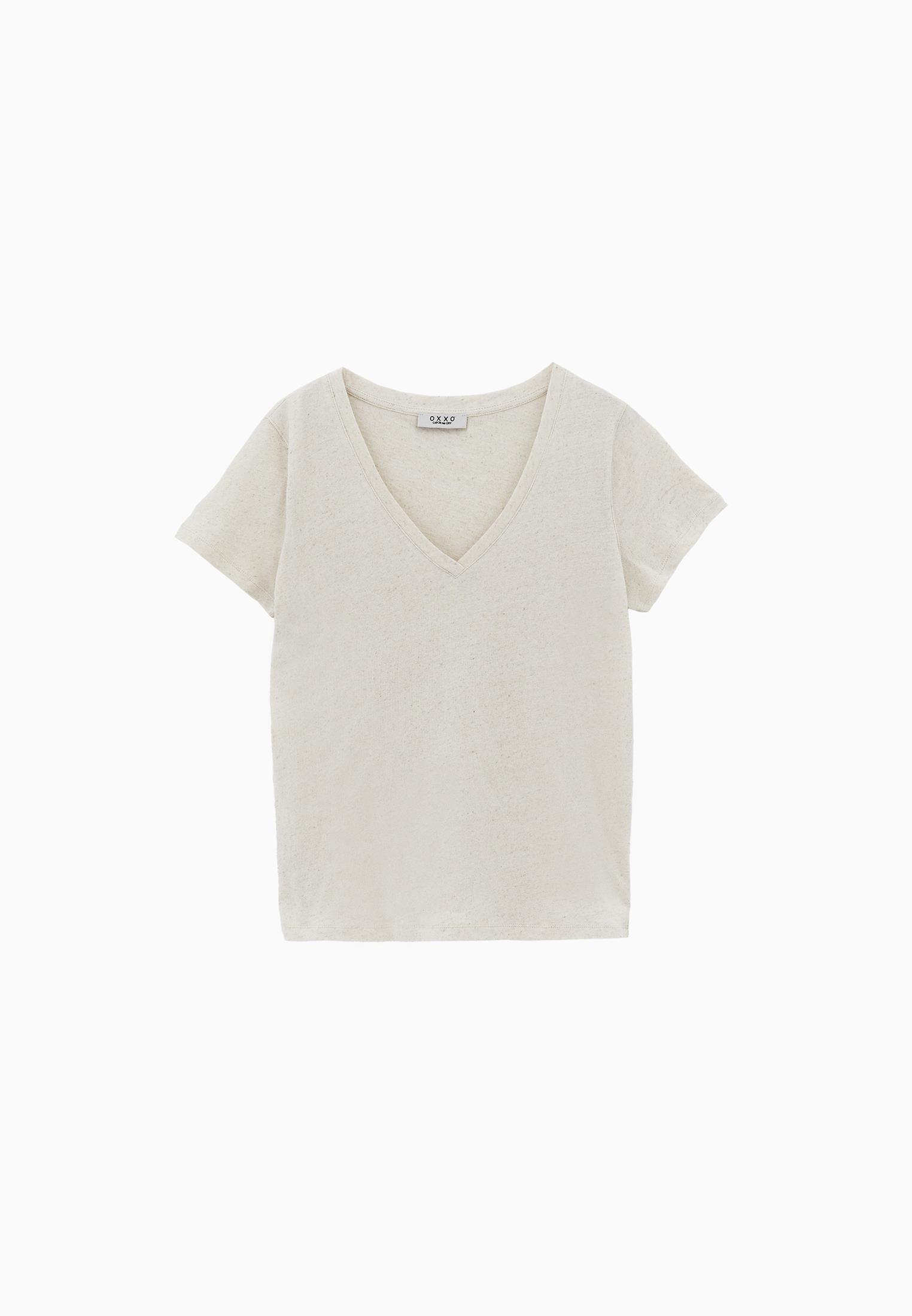 Loose Fit V Neck T-Shirt - NATUREL