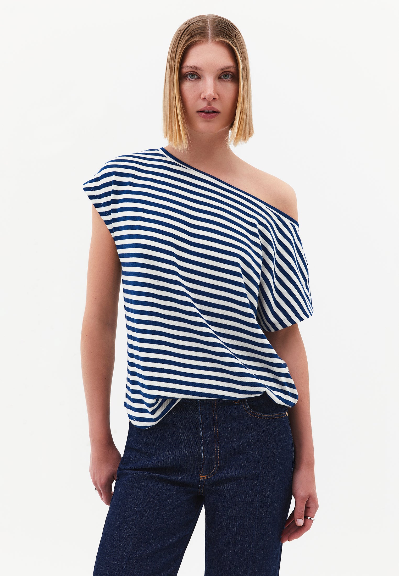 Boat Neck Striped Sleeveless T-Shirt - NAVY PEONY STRIPE