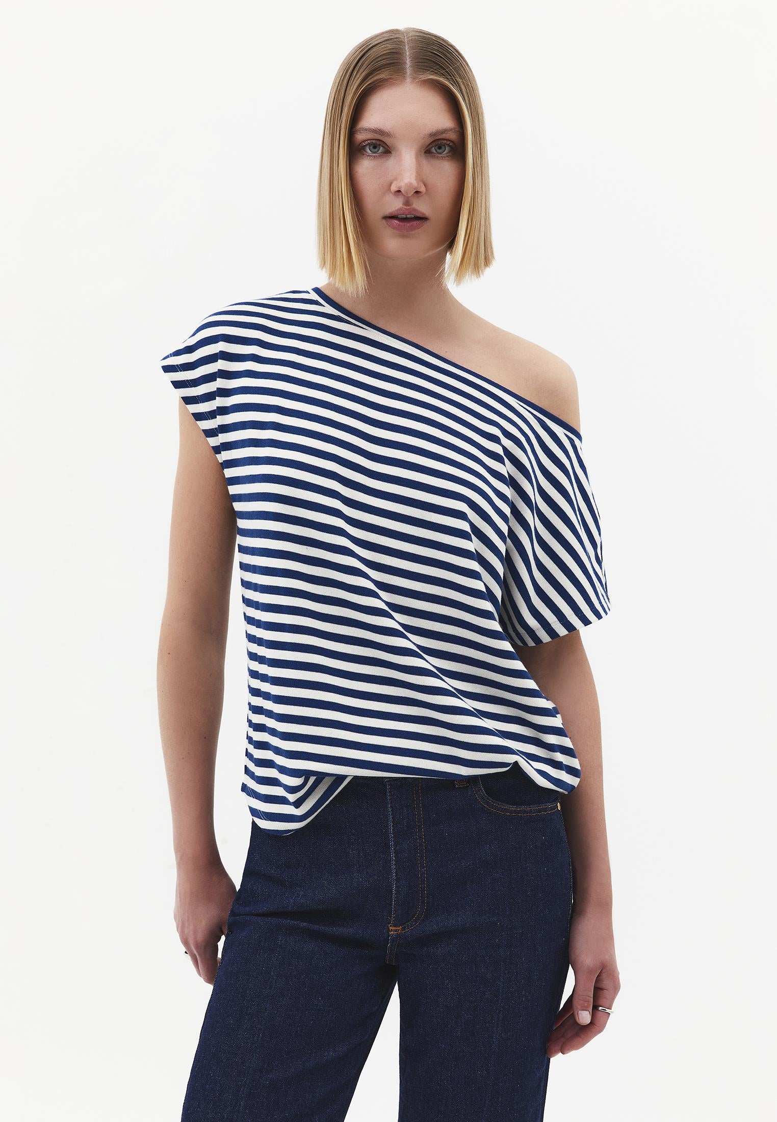 Boat Neck Striped Sleeveless T-Shirt - NAVY PEONY STRIPE