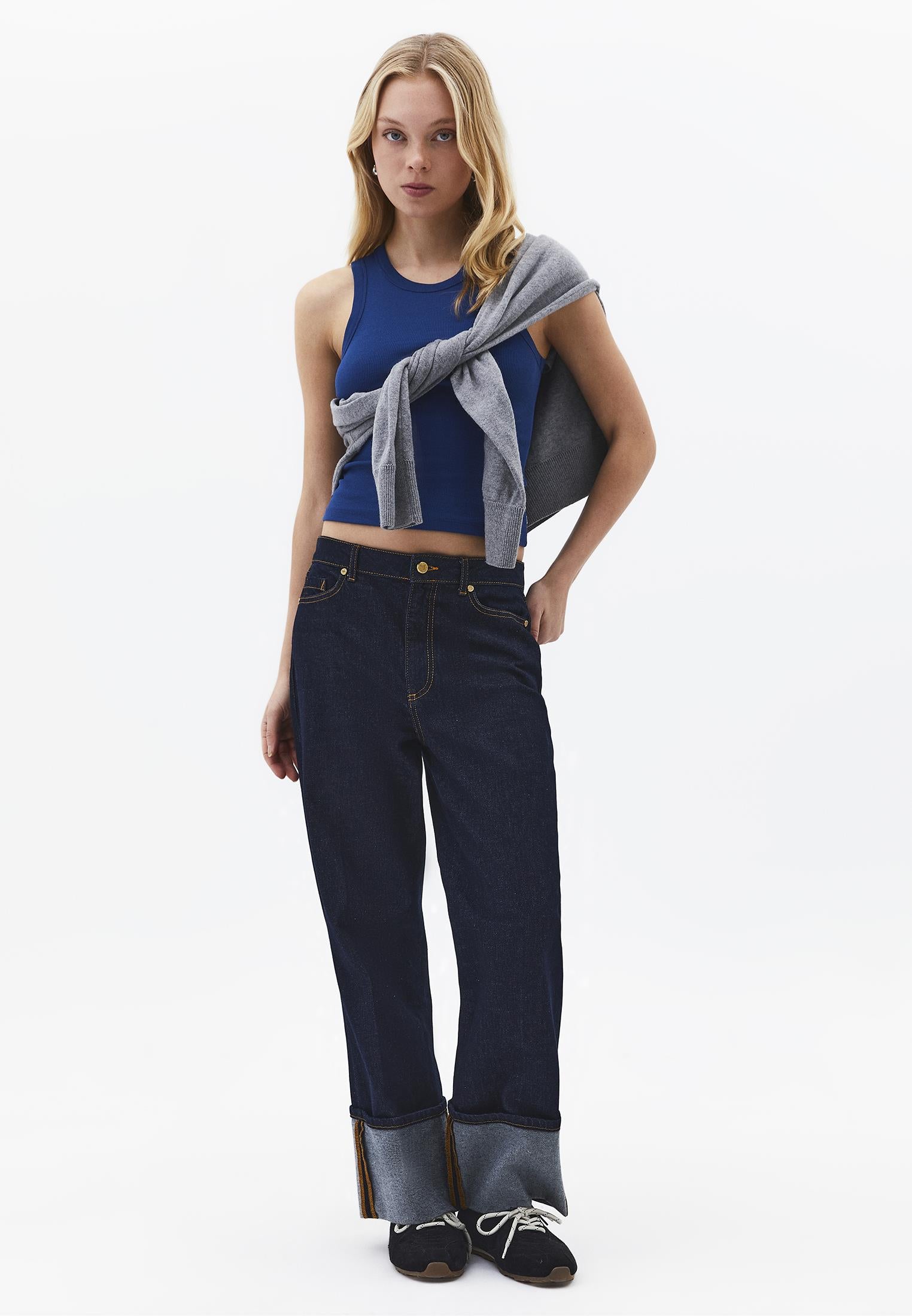 Crew Neck Bodycon Tank Top - NAVY PEONY
