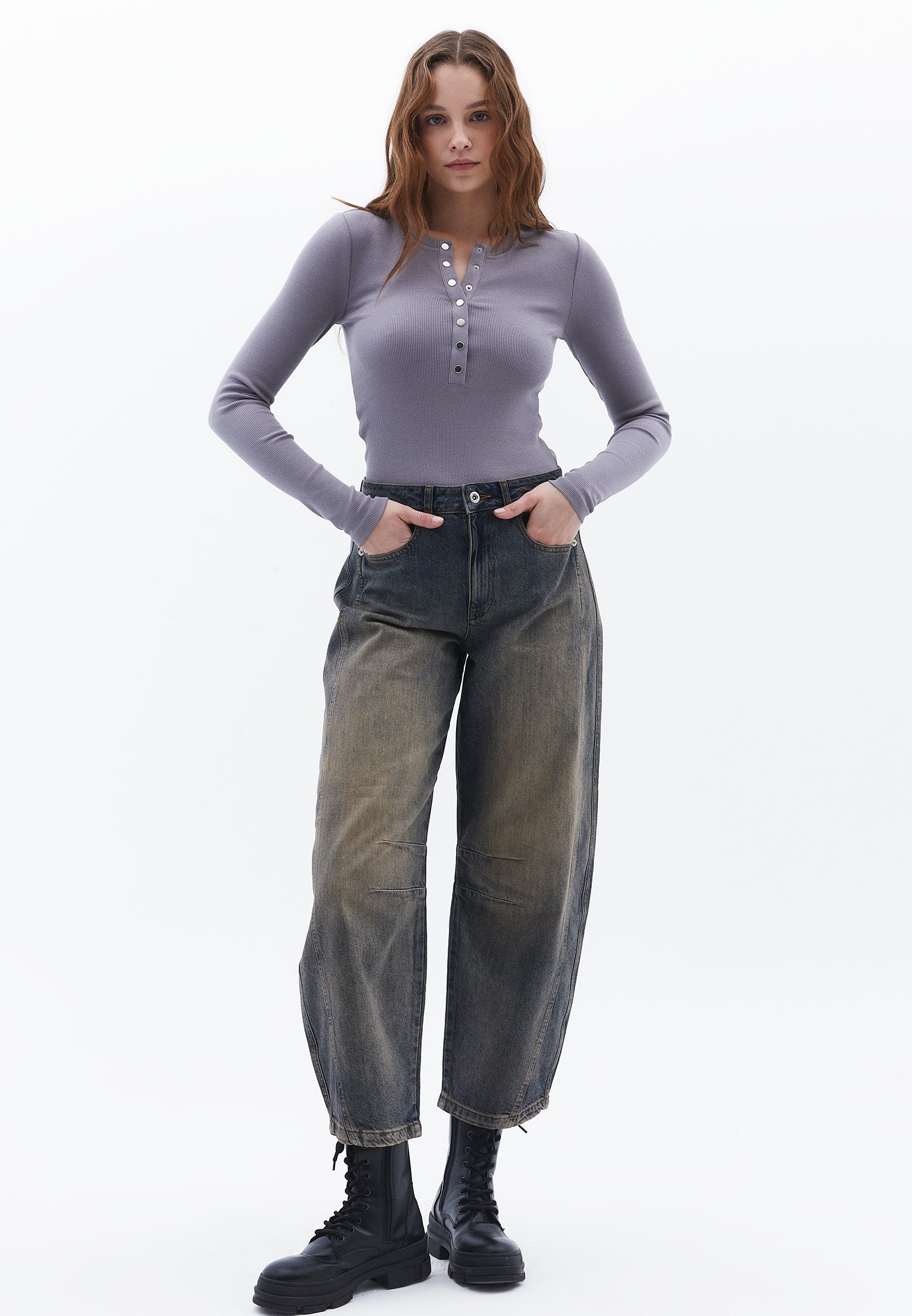 Ribbed Fabric Long Sleeve T-Shirt Crew Neck - NIGHT OWL