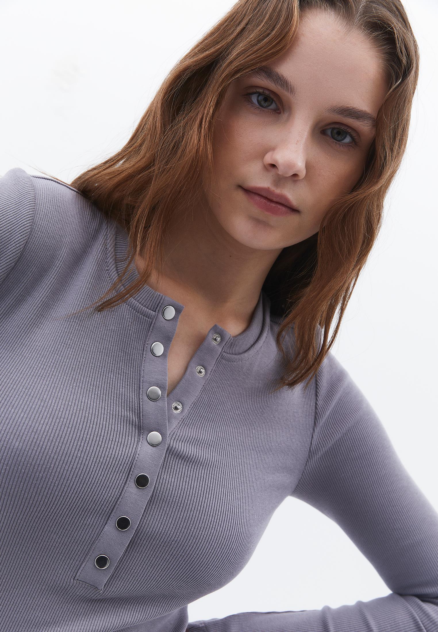 Ribbed Fabric Long Sleeve T-Shirt Crew Neck - NIGHT OWL