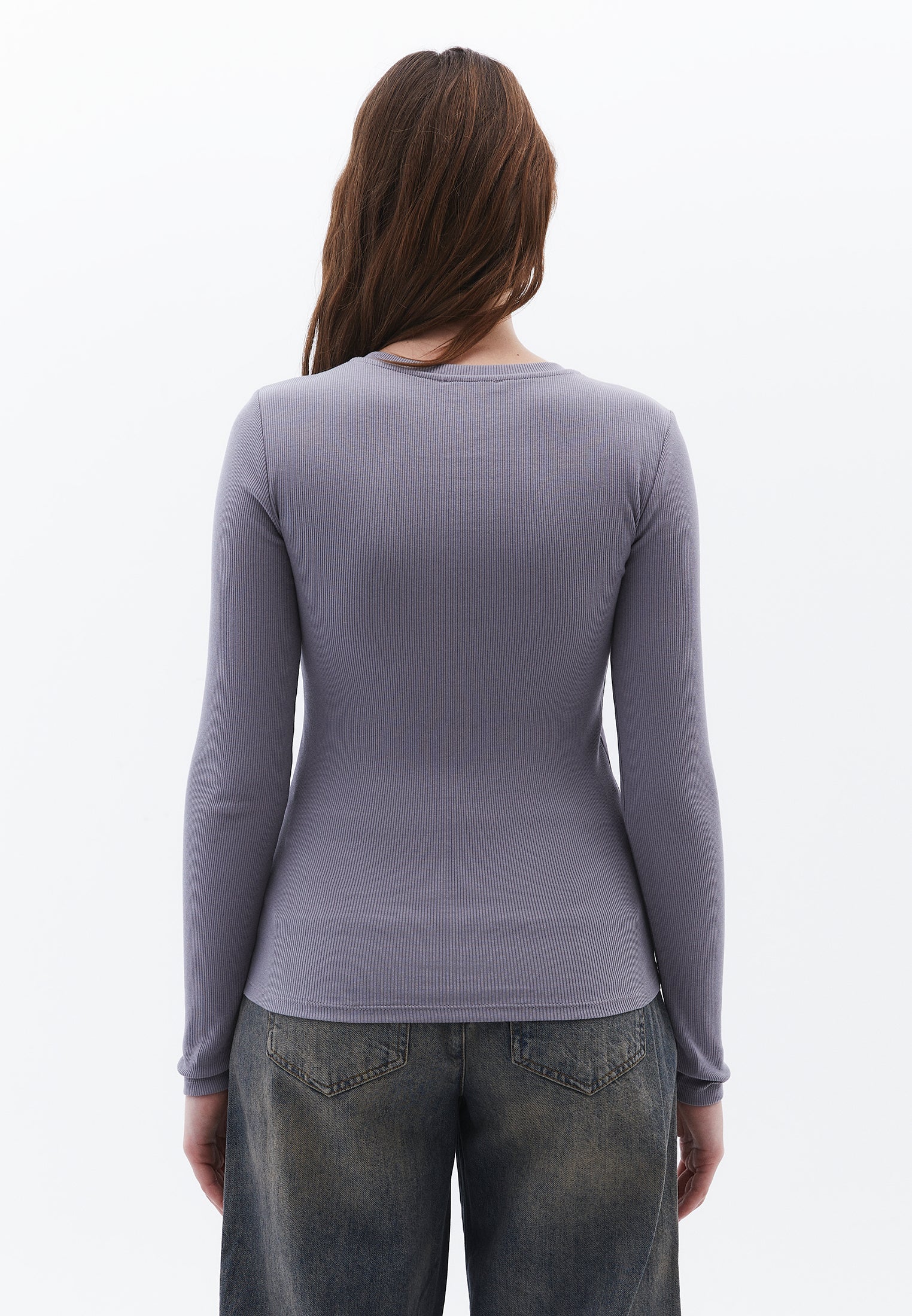 Ribbed Fabric Long Sleeve T-Shirt Crew Neck - NIGHT OWL