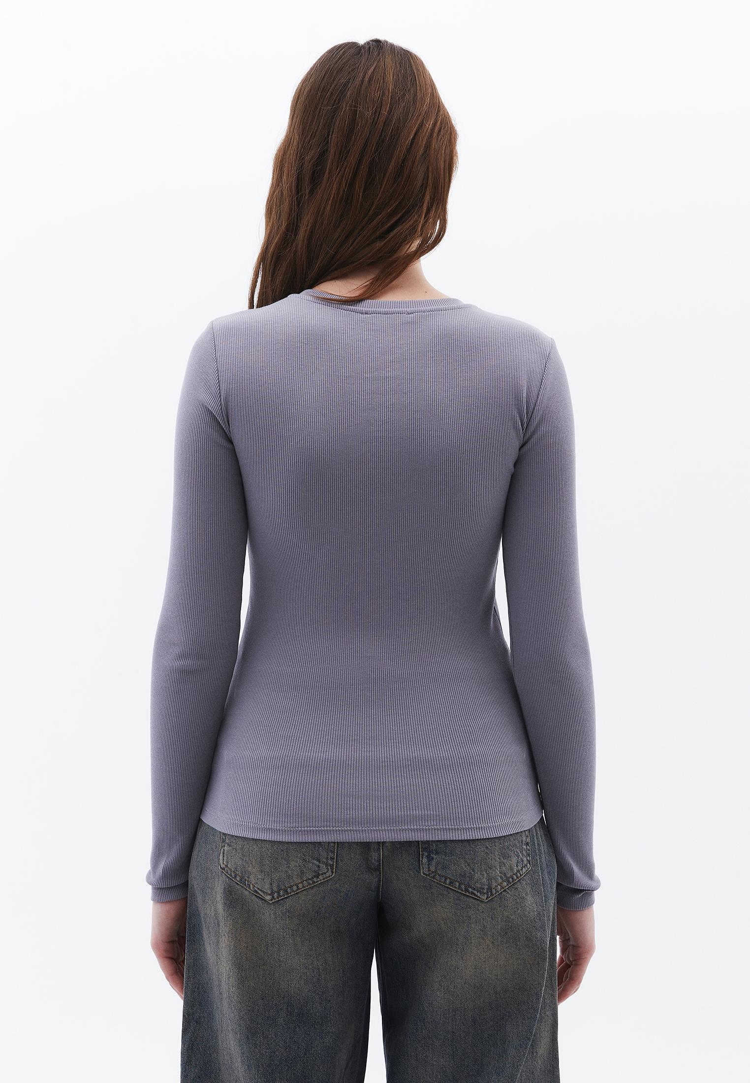Ribbed Fabric Long Sleeve T-Shirt Crew Neck - NIGHT OWL