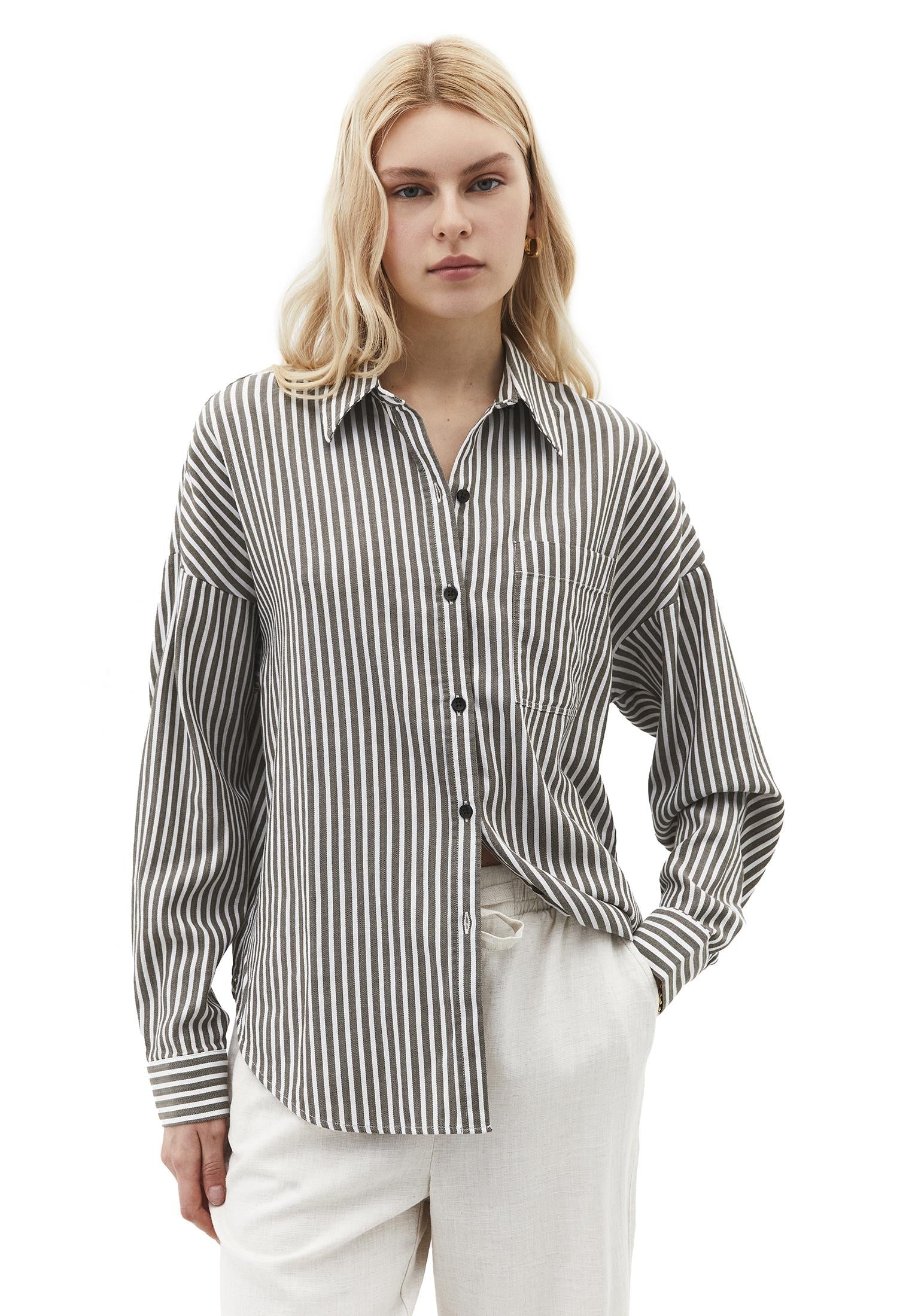Oversize Pocketed Standard Shirt - OLIVE NIGHT STRIPE