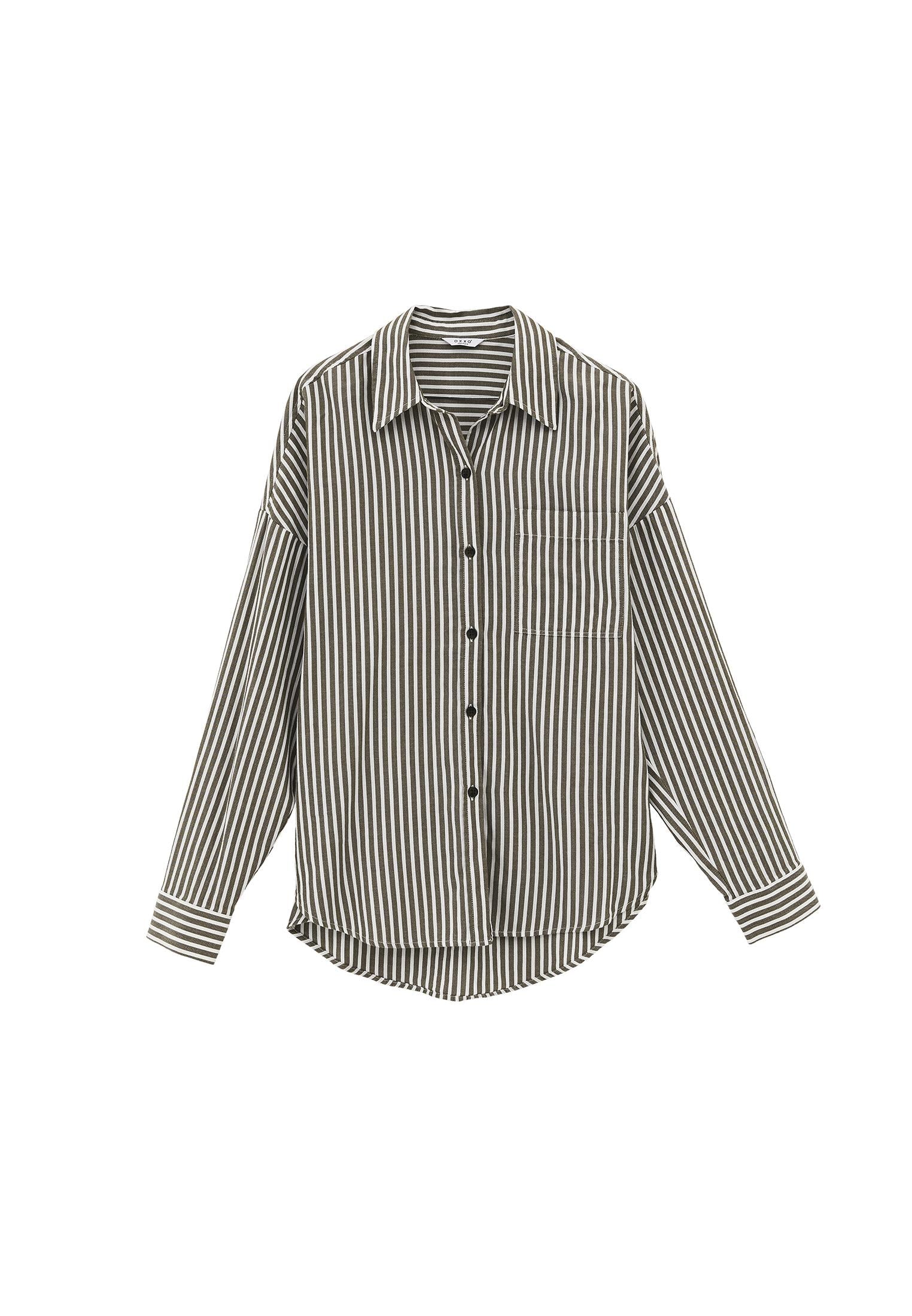 Oversize Pocketed Standard Shirt - OLIVE NIGHT STRIPE