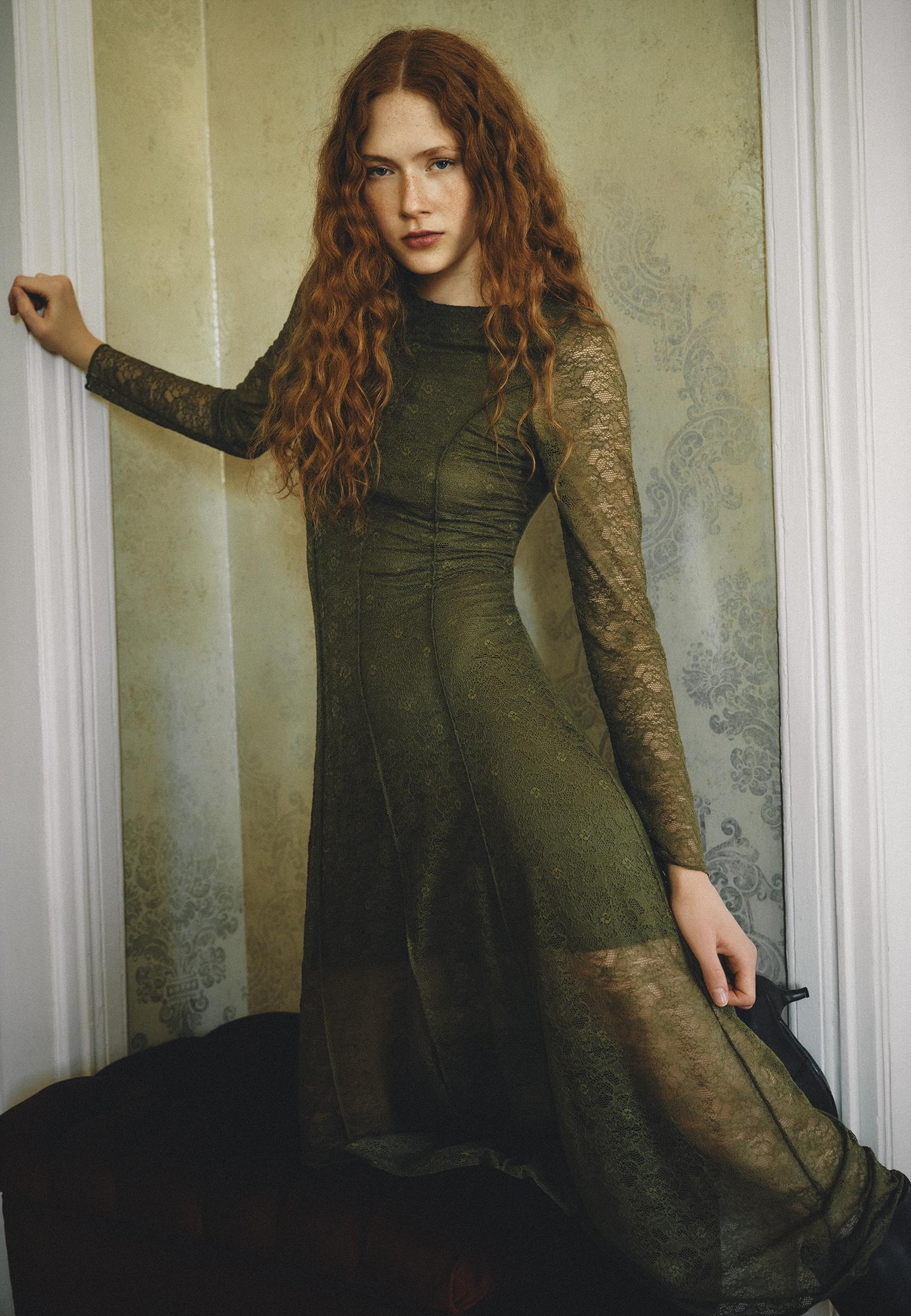A-Line Long Crew Neck Cut-Out Detailed Dress - OLIVE NIGHT