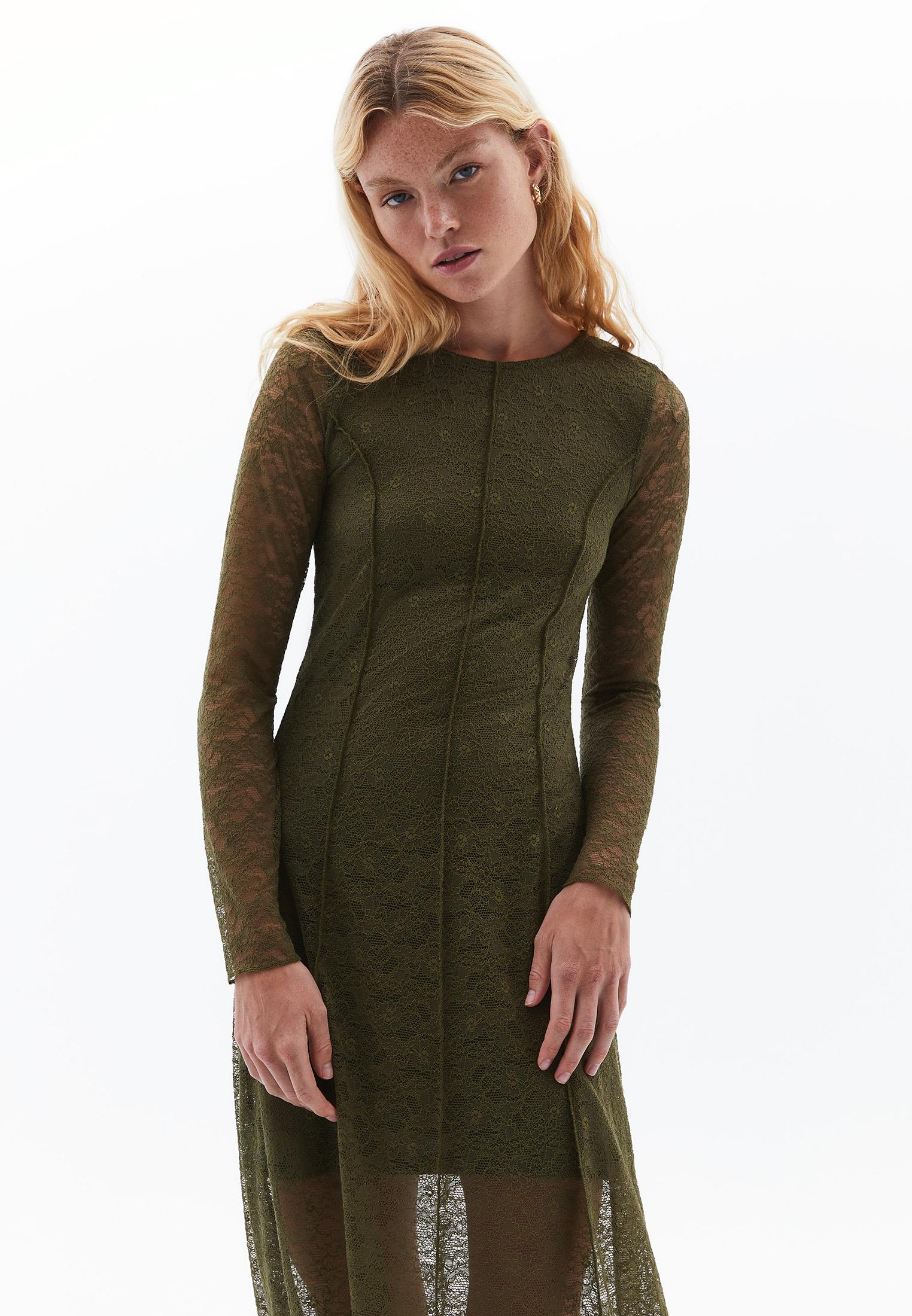 A-Line Long Crew Neck Cut-Out Detailed Dress - OLIVE NIGHT