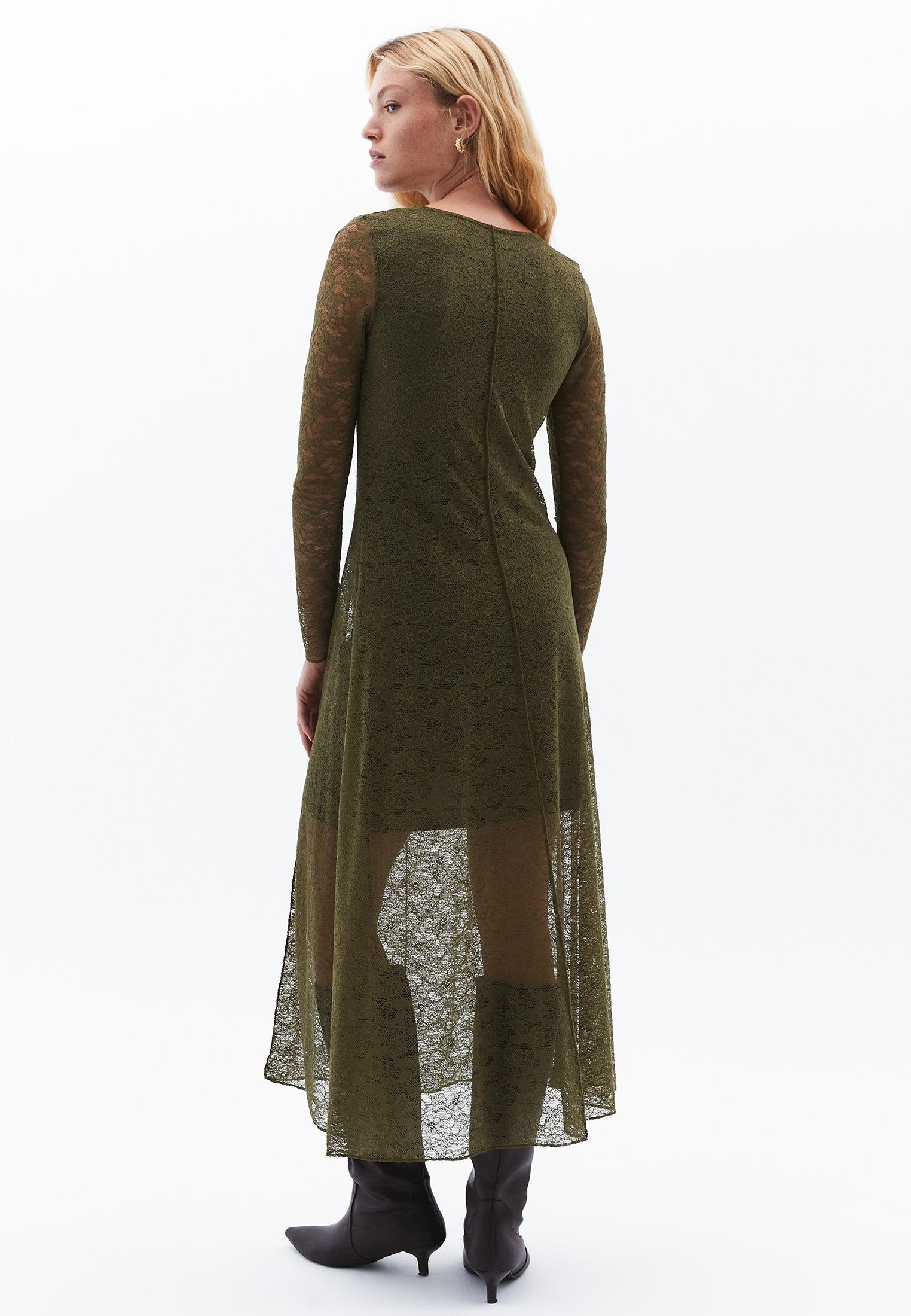 A-Line Long Crew Neck Cut-Out Detailed Dress - OLIVE NIGHT