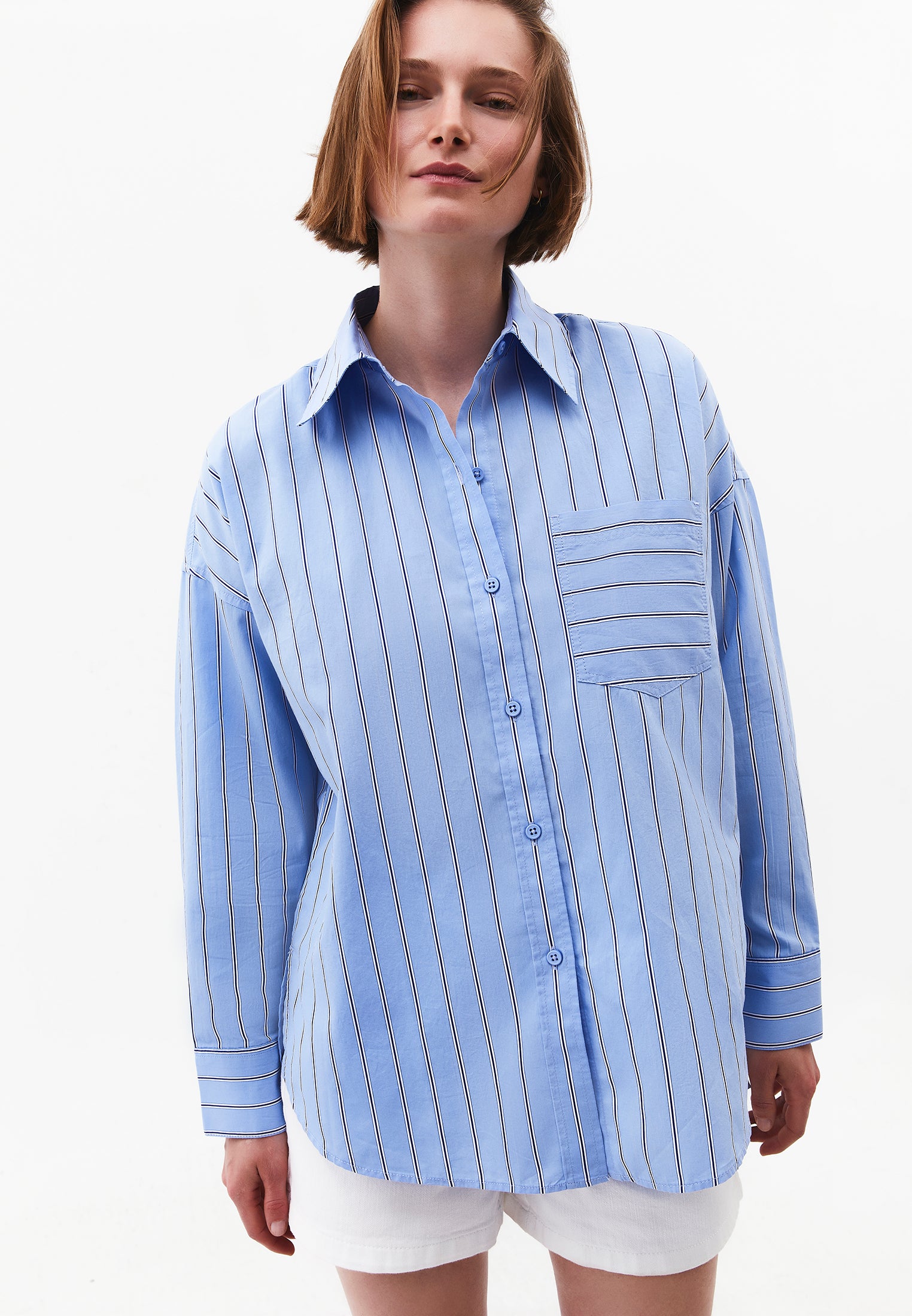 Shirt Collar Oversize Long Sleeve Pocket Detailed Standard Shirt - OPEN AIR STRIPE