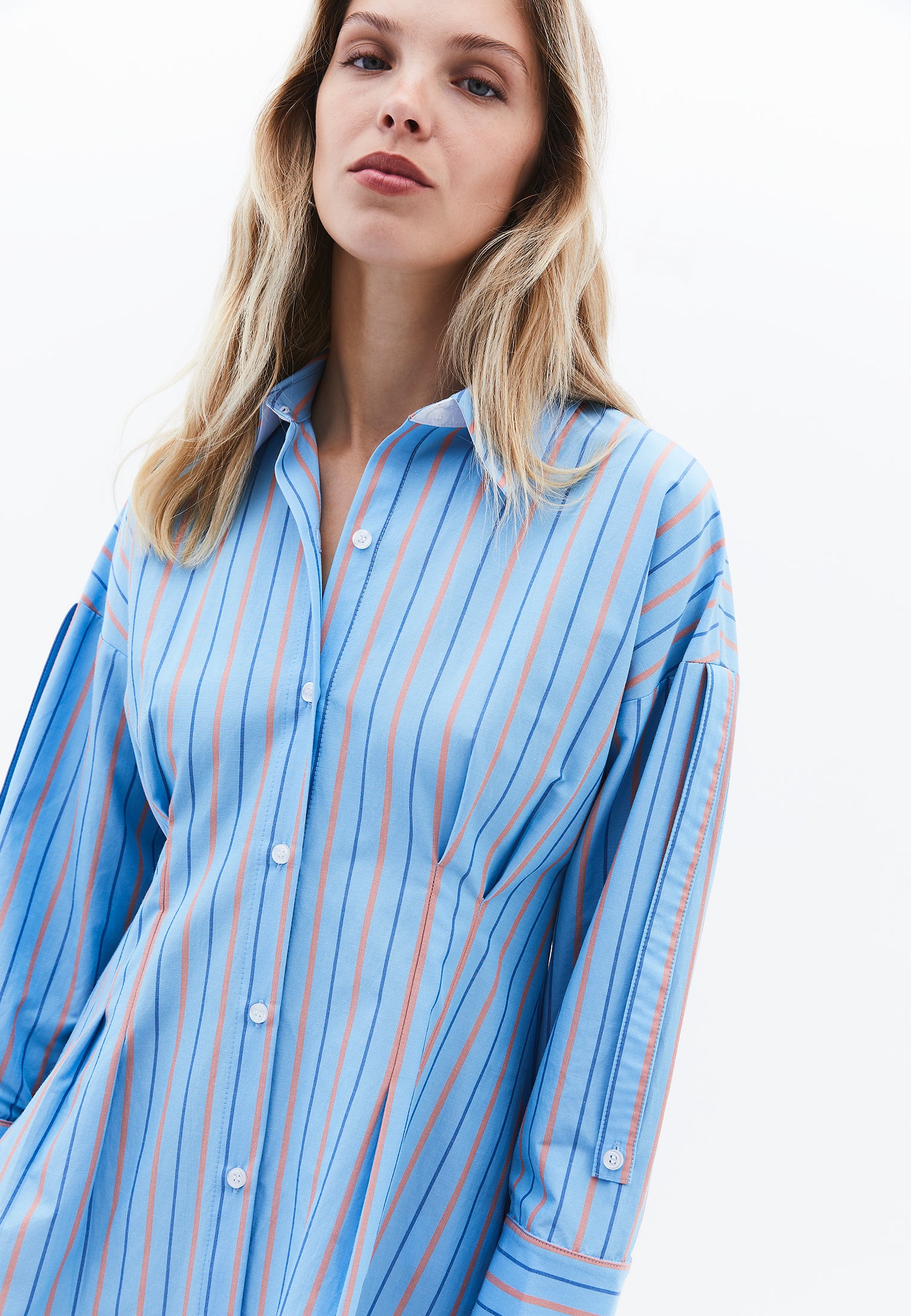 Shirt Collar Short Dress - BLUE/ORANGE STRIPED