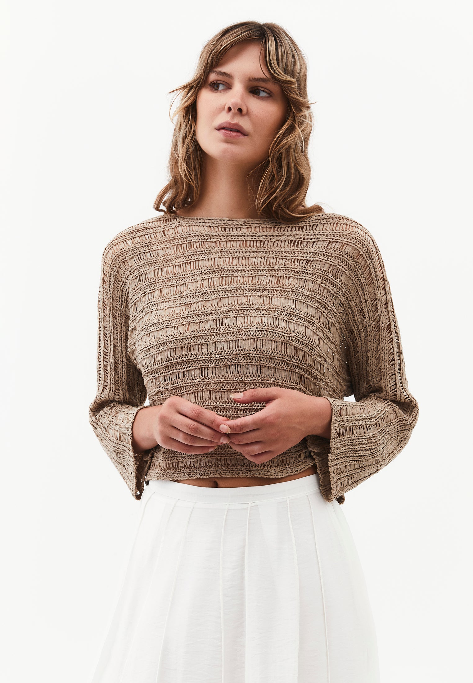 Openwork Boat Neck Long Sleeve Knit Sweater - OXFORD TAN