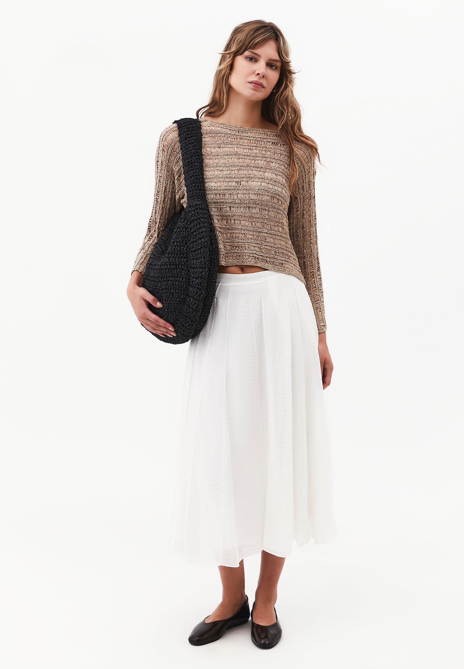 Openwork Boat Neck Long Sleeve Knit Sweater - OXFORD TAN