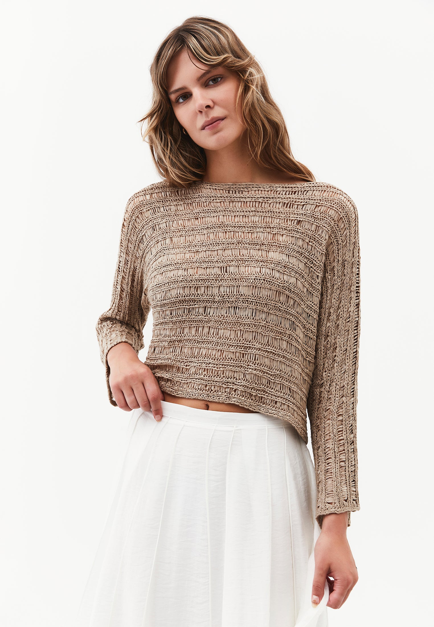 Openwork Boat Neck Long Sleeve Knit Sweater - OXFORD TAN