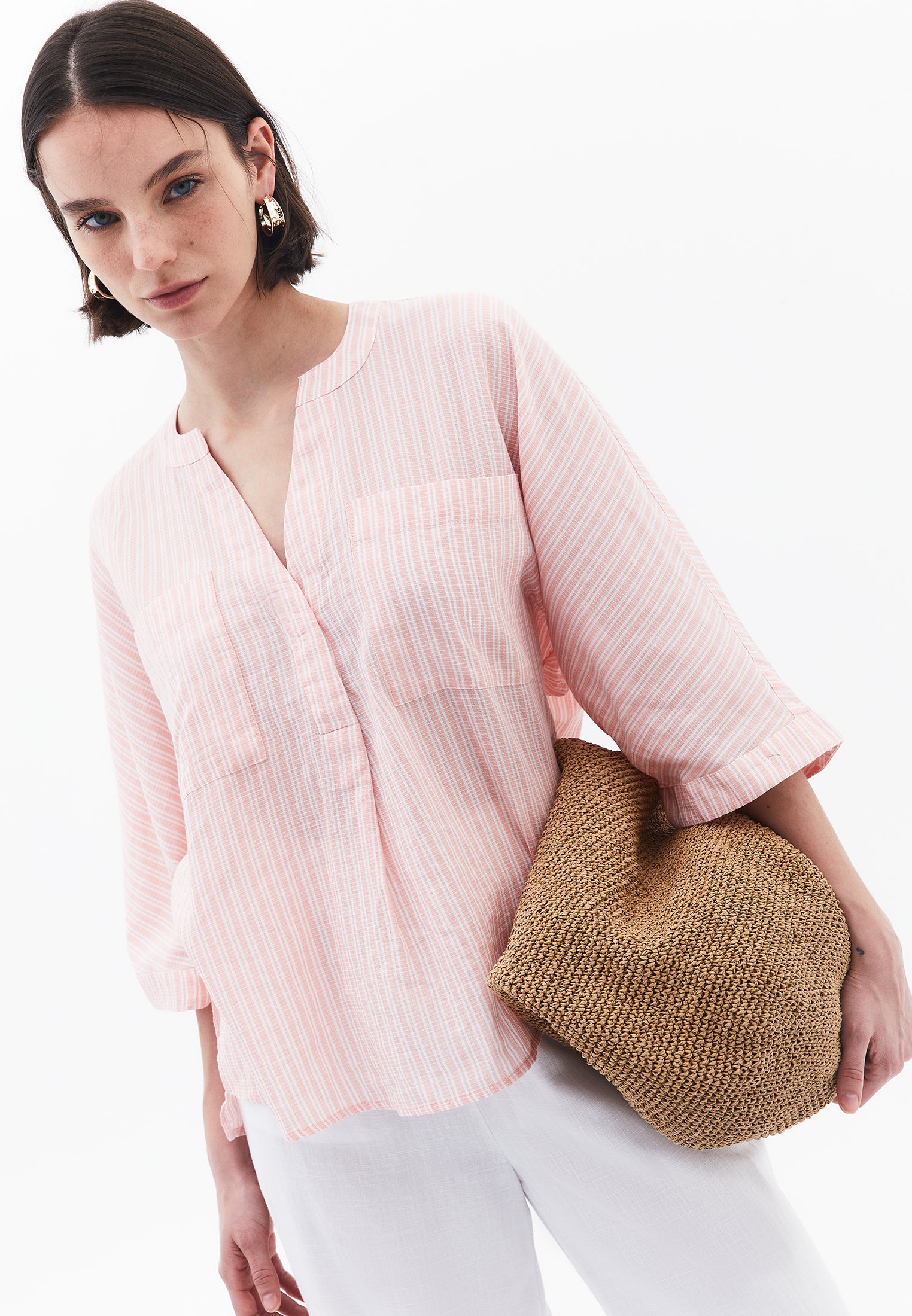 Oversize Shirt With Pocket Detail And Mandarin Collar - PEACH AMBER STRIPED