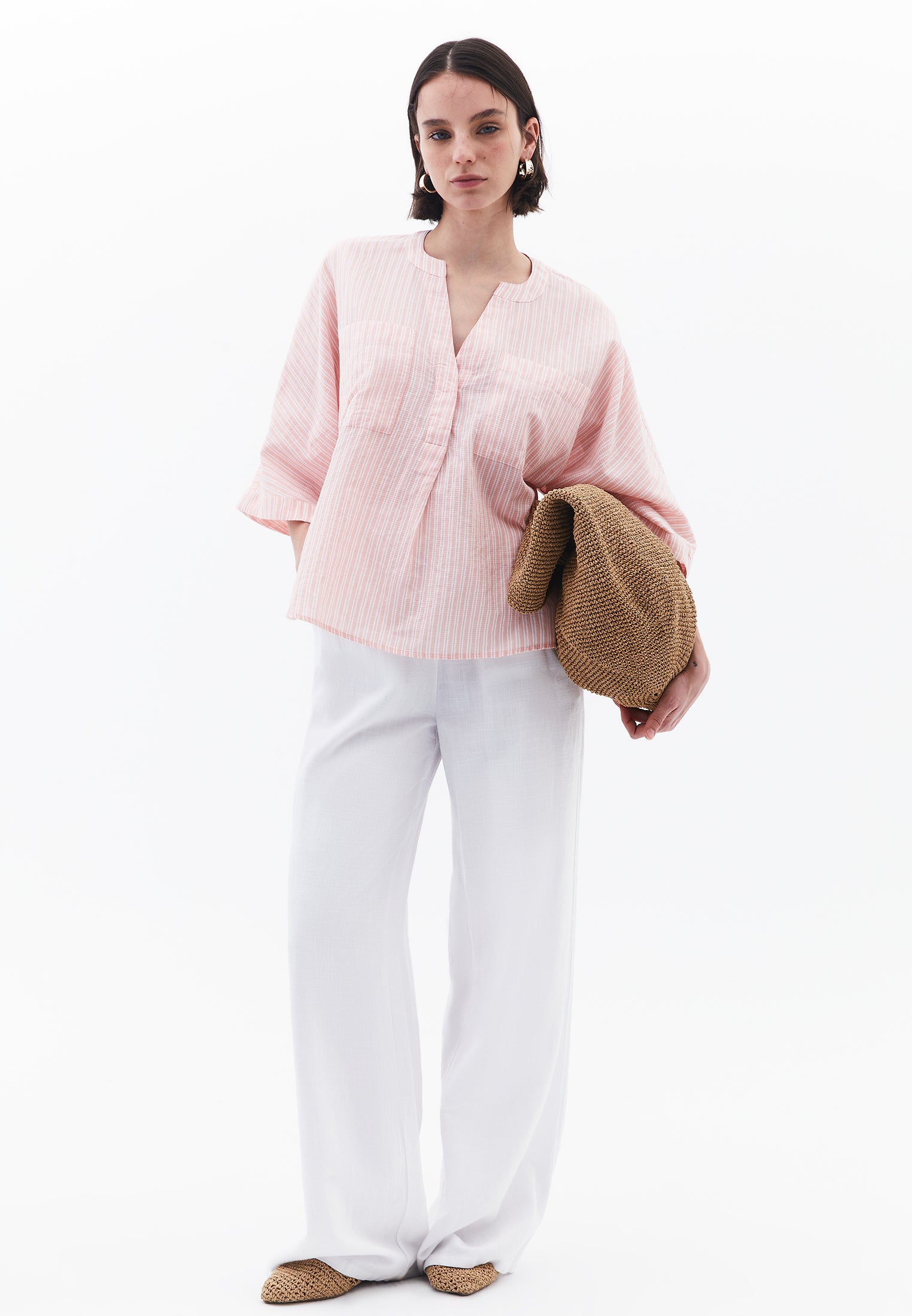 Oversize Shirt With Pocket Detail And Mandarin Collar - PEACH AMBER STRIPED