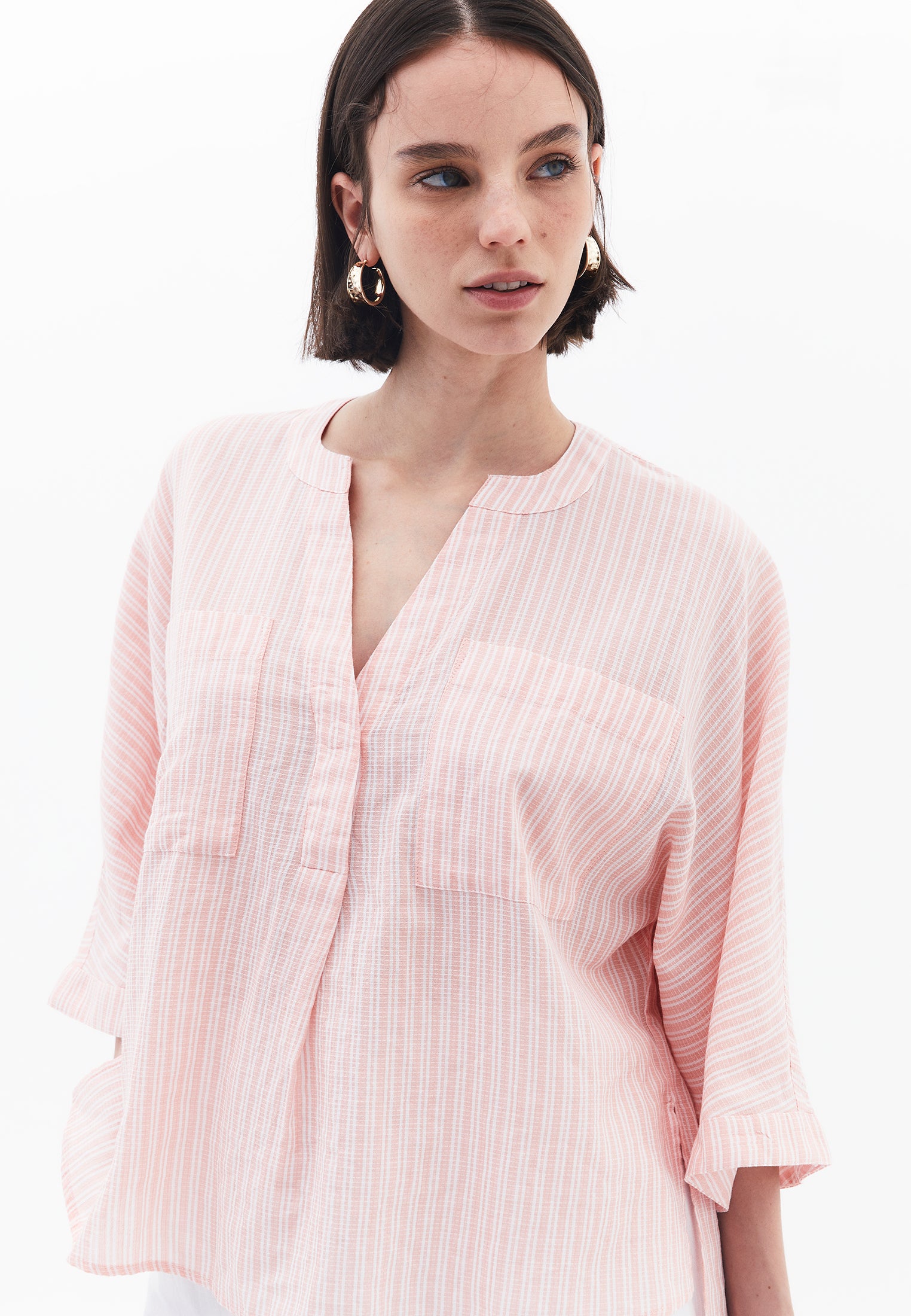 Oversize Shirt With Pocket Detail And Mandarin Collar - PEACH AMBER STRIPED
