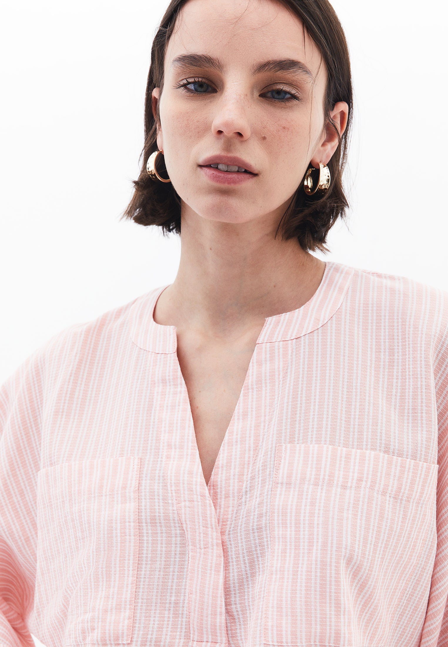 Oversize Shirt With Pocket Detail And Mandarin Collar - PEACH AMBER STRIPED