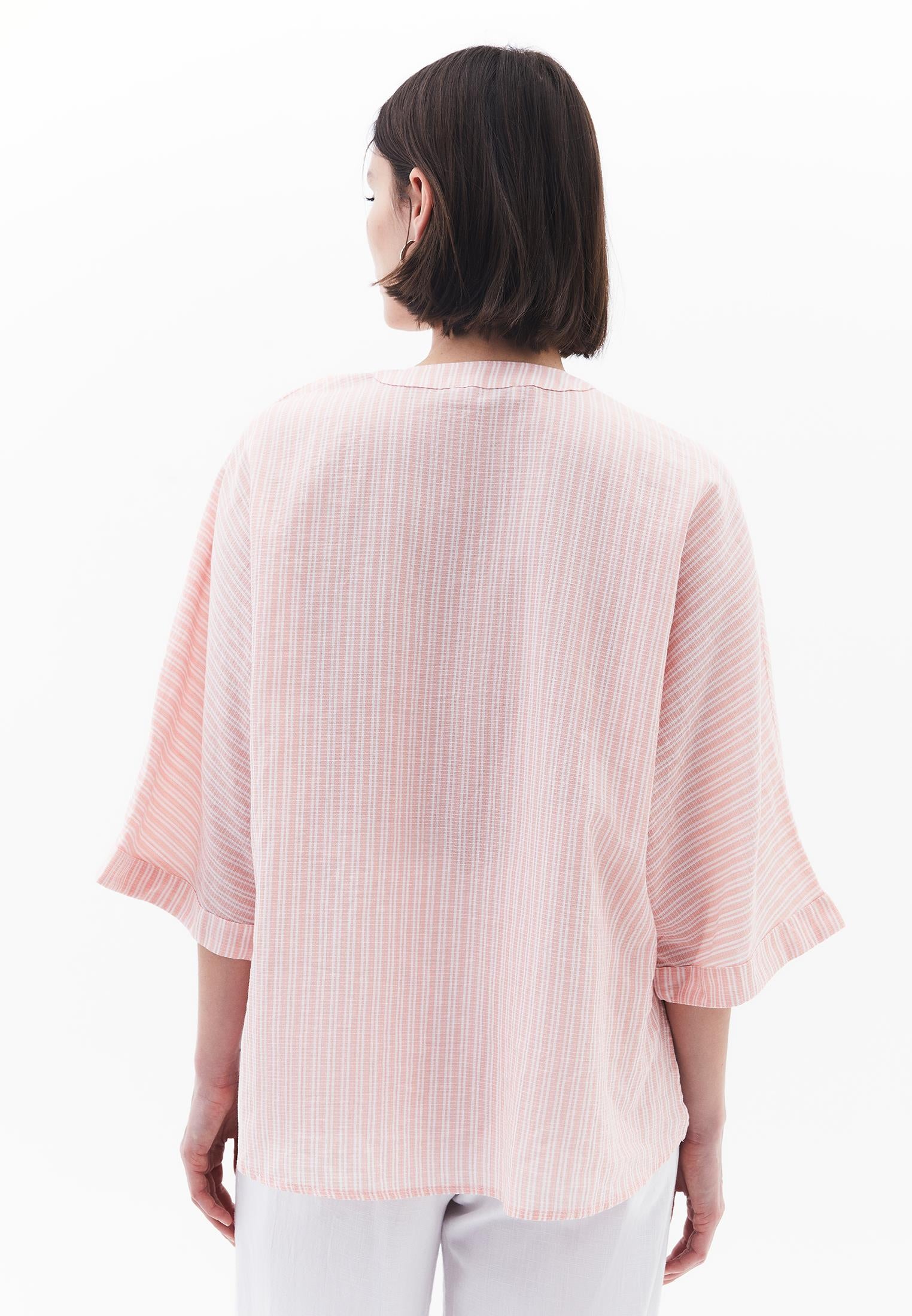 Oversize Shirt With Pocket Detail And Mandarin Collar - PEACH AMBER STRIPED