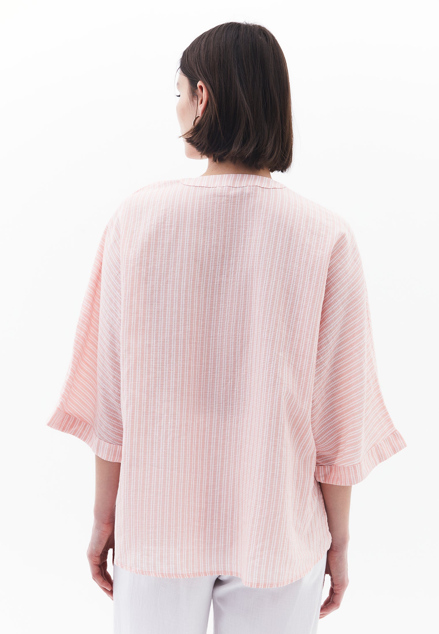 Oversize Shirt With Pocket Detail And Mandarin Collar - PEACH AMBER STRIPED