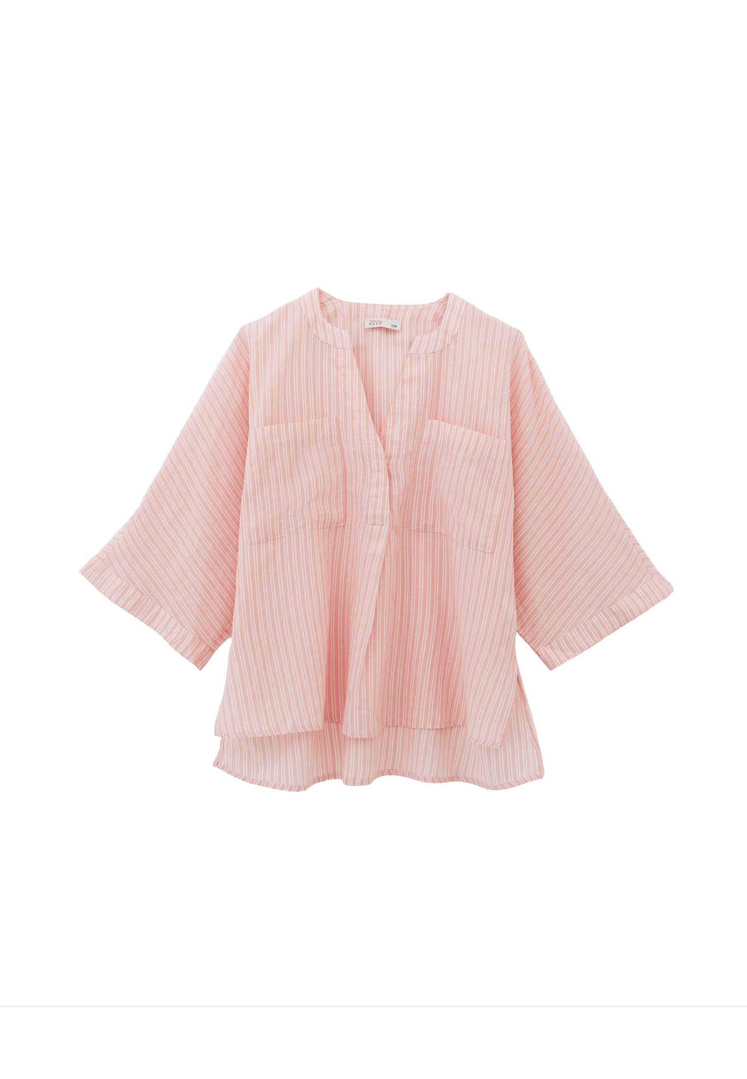 Oversize Shirt With Pocket Detail And Mandarin Collar - PEACH AMBER STRIPED