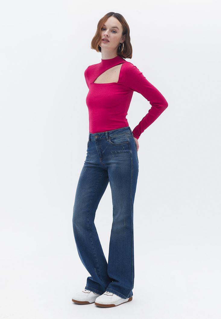 High Neck Long Sleeve Bodycon T-Shirt - PERSIAN RED