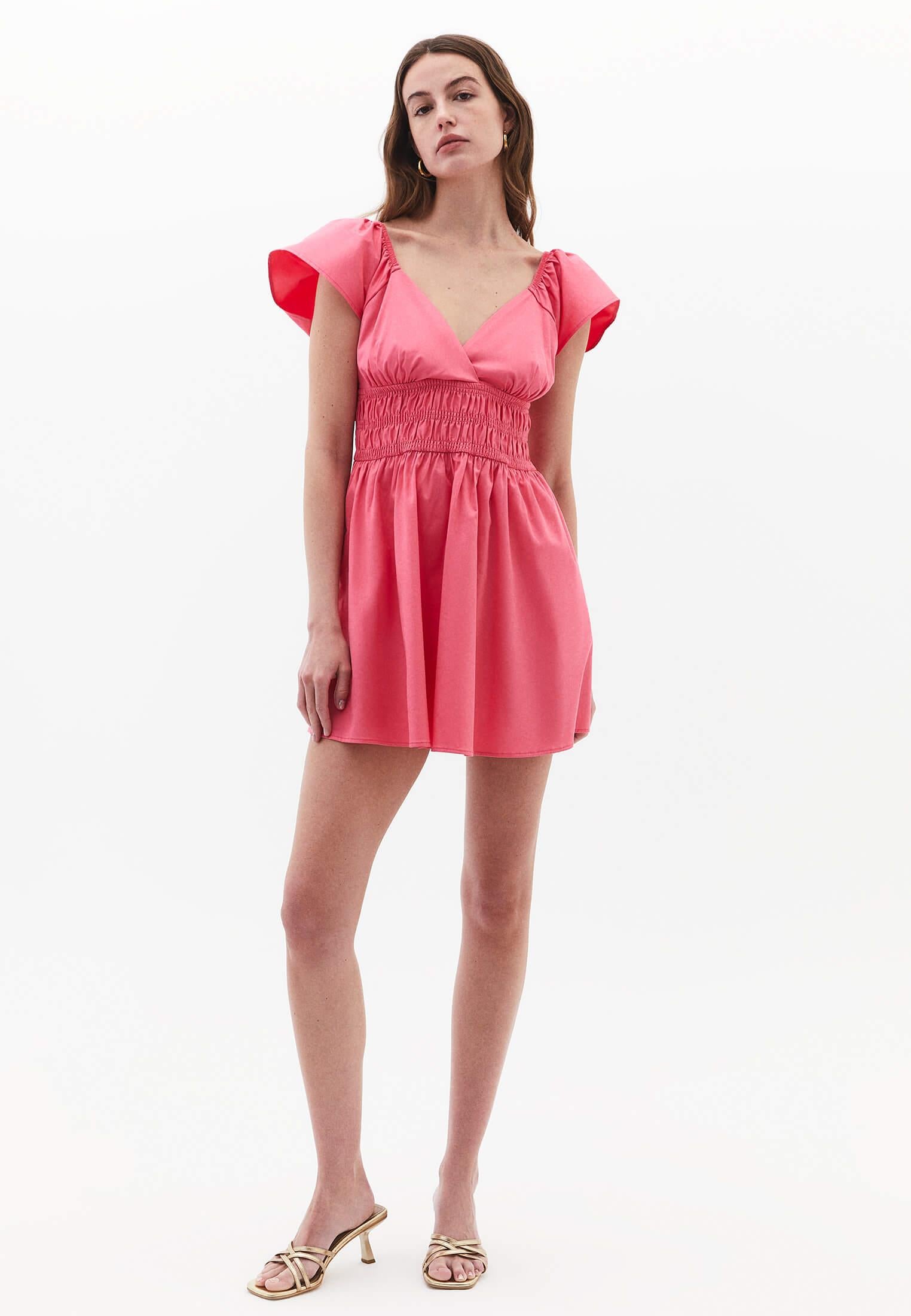 Short V Neck Smocked Dress - PINK LEMONADE