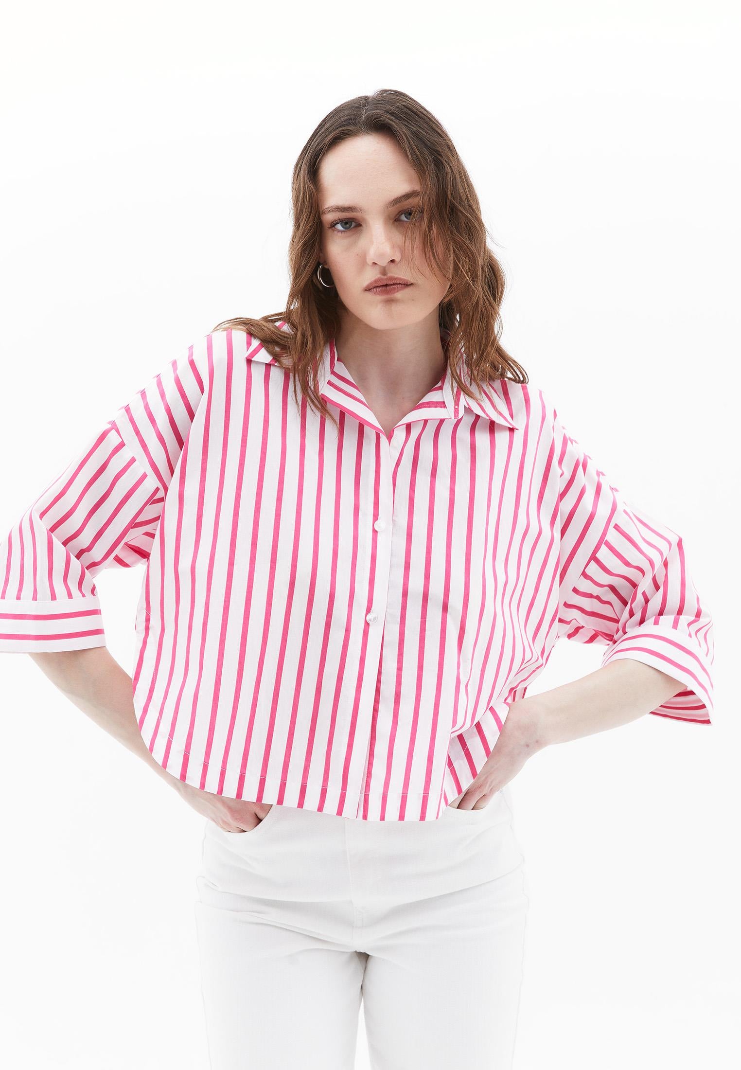 Shirt Collar Cotton Blouse - PINK STRIPE