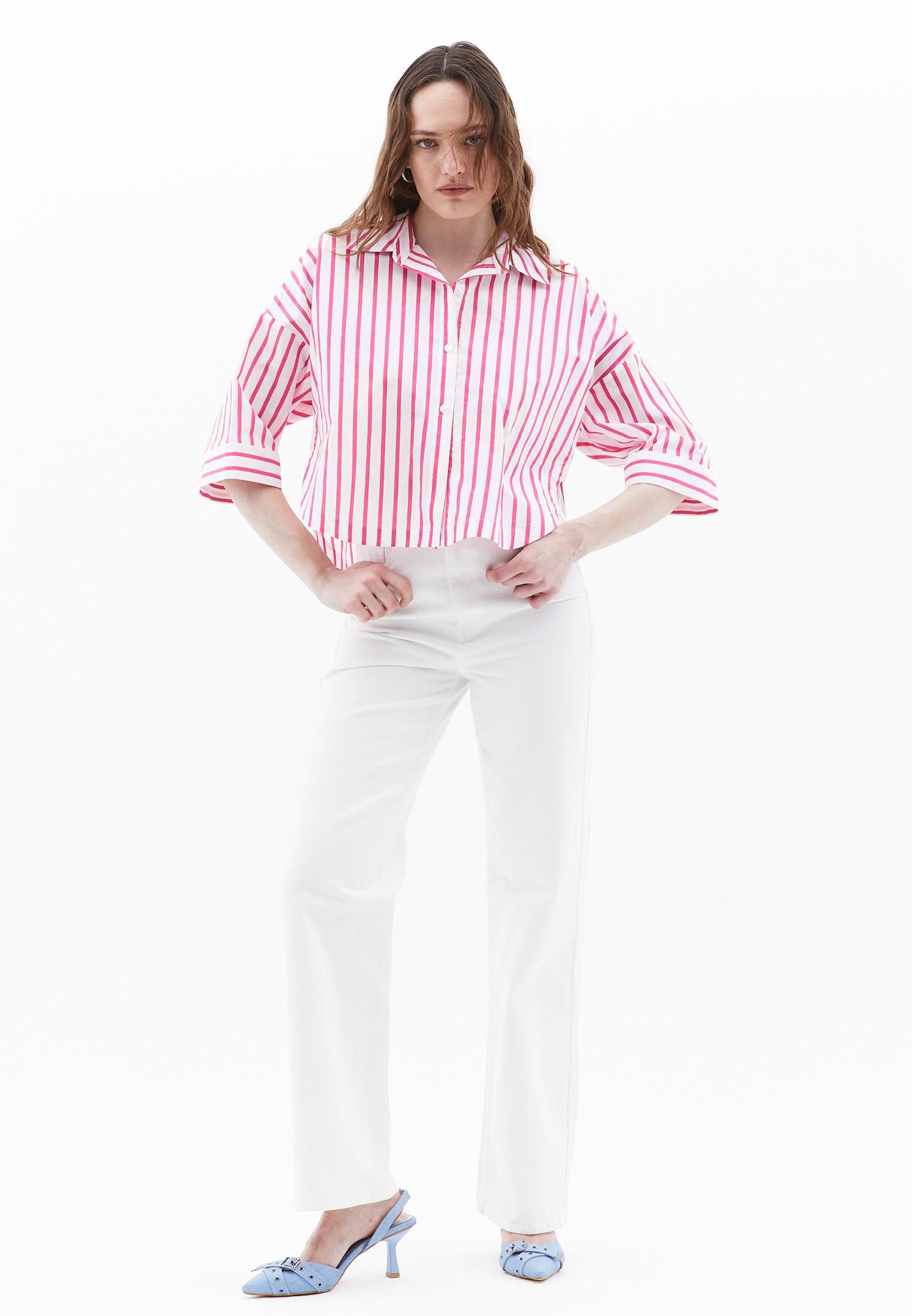 Shirt Collar Cotton Blouse - PINK STRIPE
