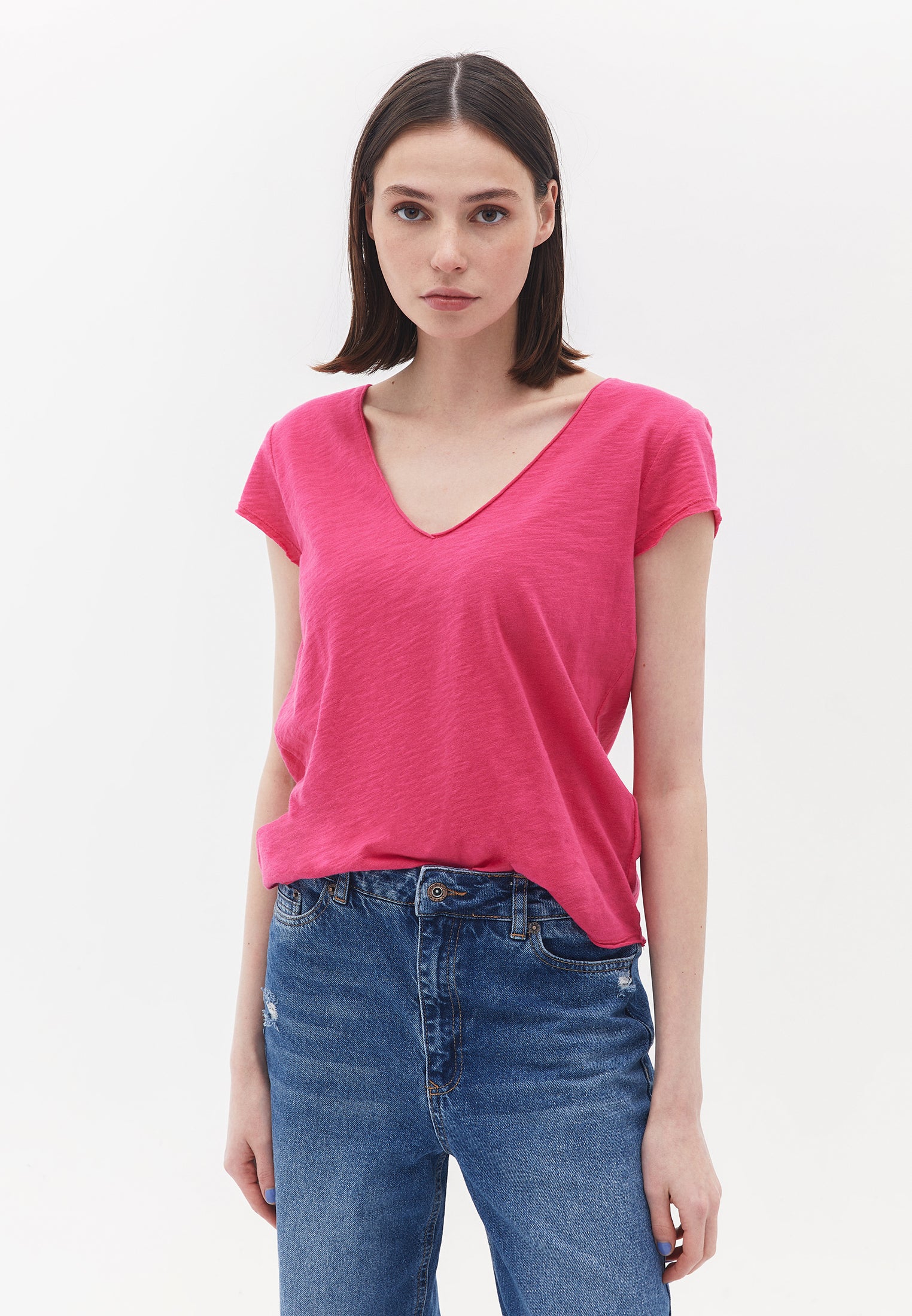 V Neck Loose T-Shirt - PINK YARROW