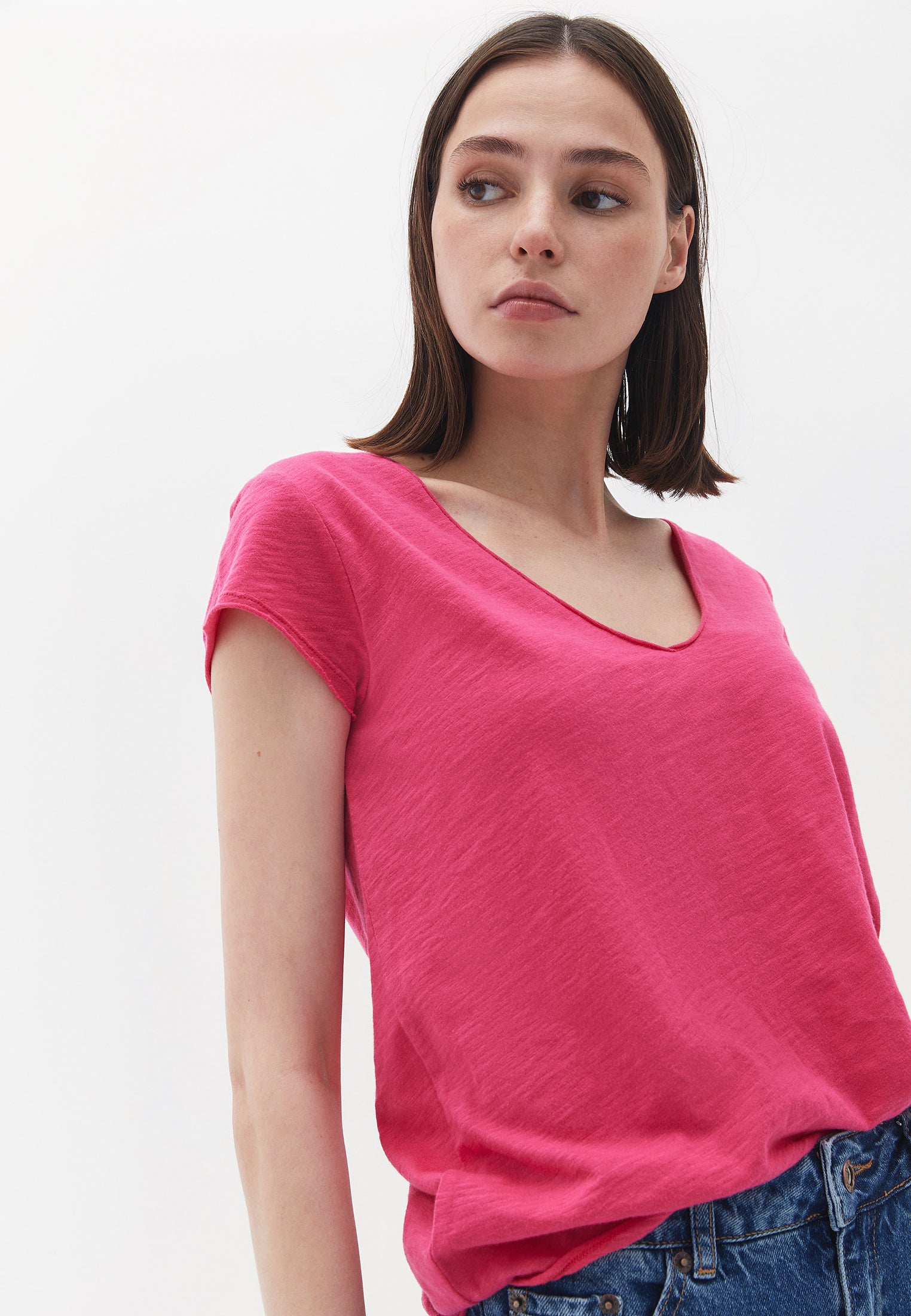 V Neck Loose T-Shirt - PINK YARROW