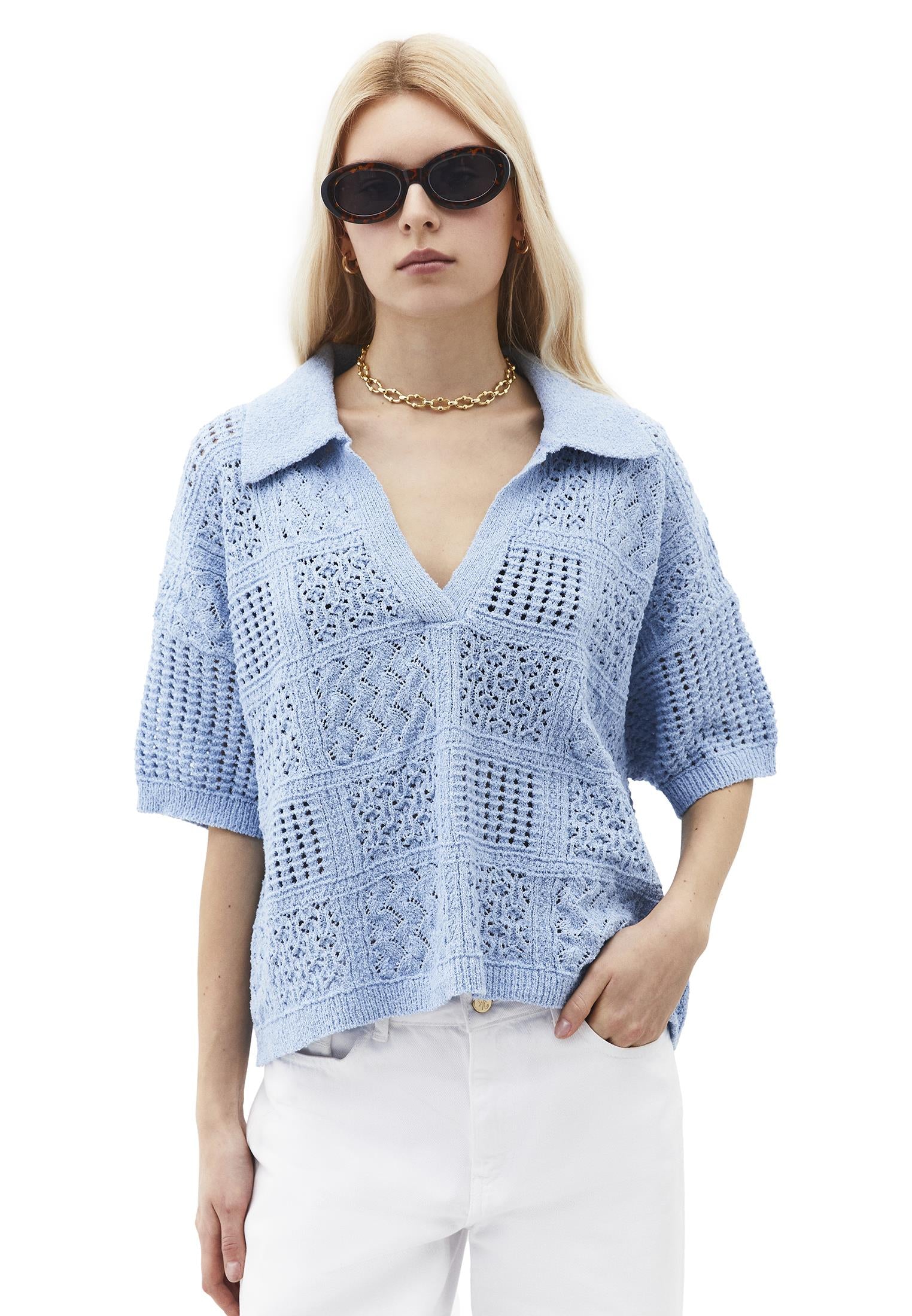Polo Collar Oversize Ajour Sweater - PLACID BLUE