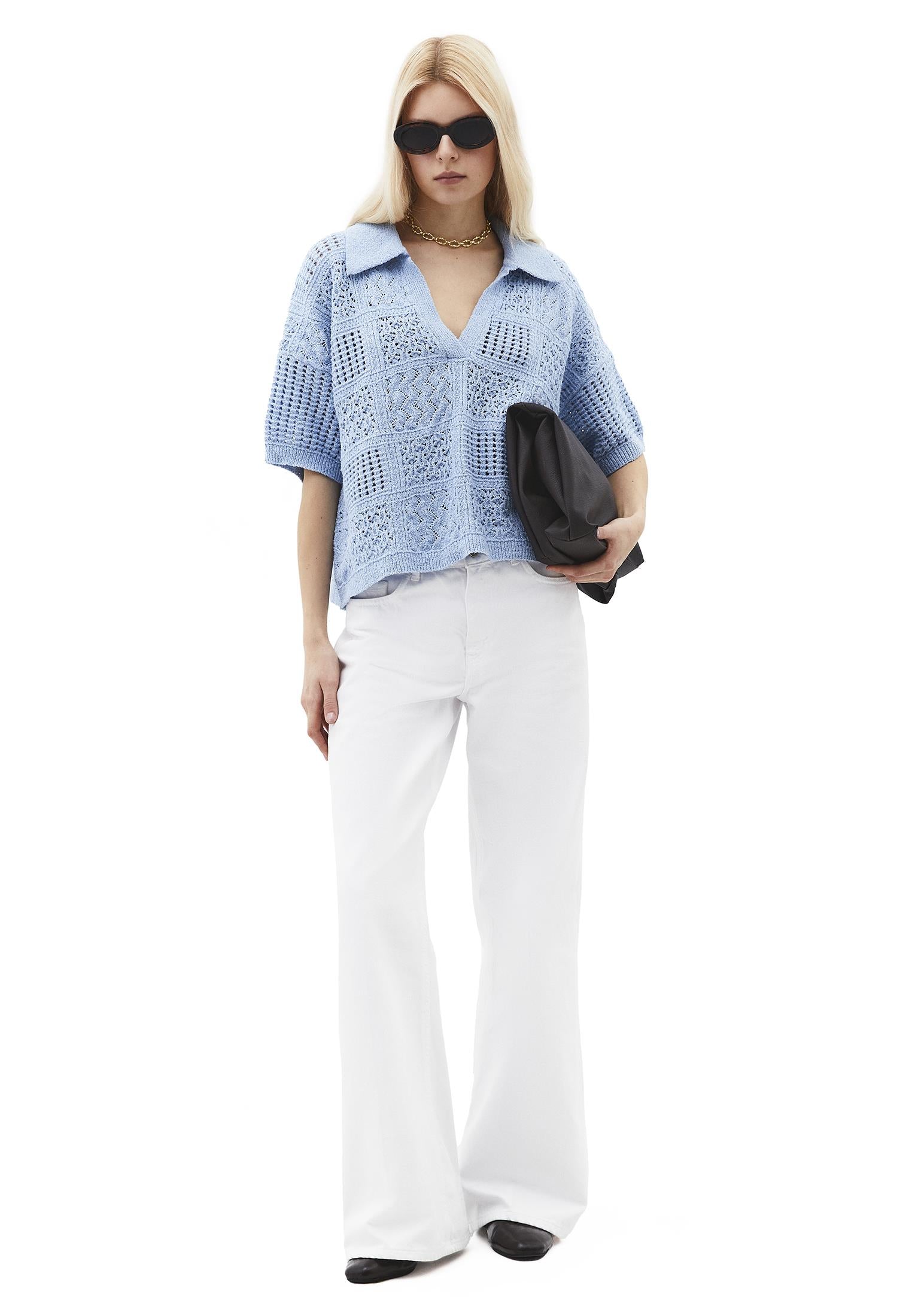 Polo Collar Oversize Ajour Sweater - PLACID BLUE