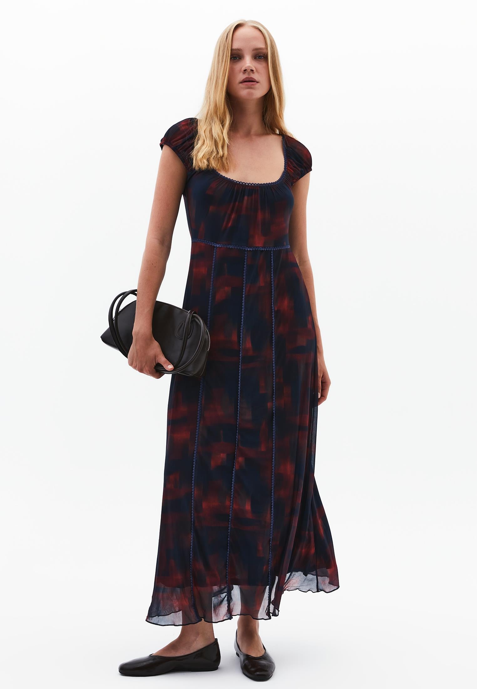 Flared Square Neck Long Dress - PLAID COMB