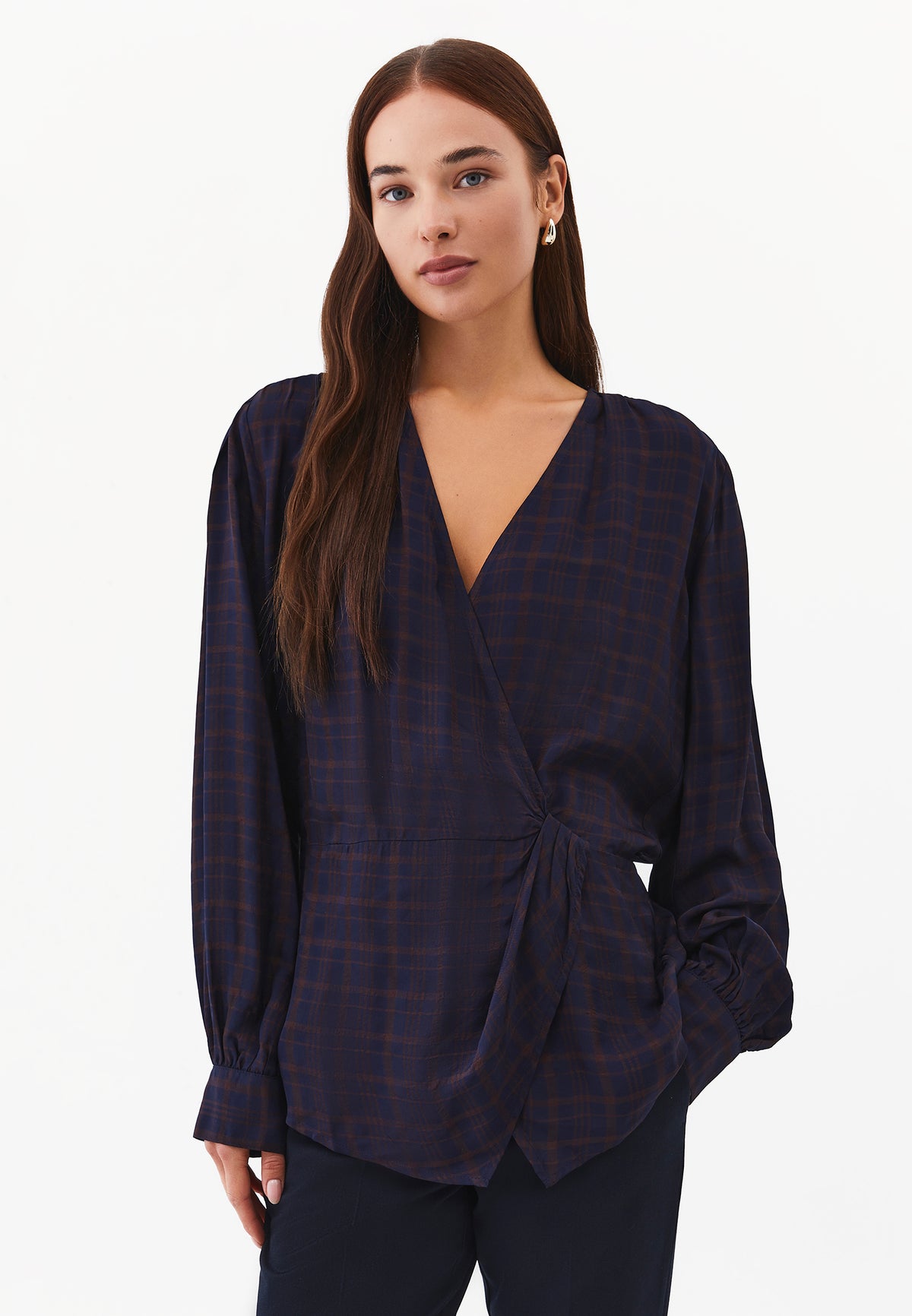 V-neck balloon sleeve long sleeve blouse - PLAID COMB